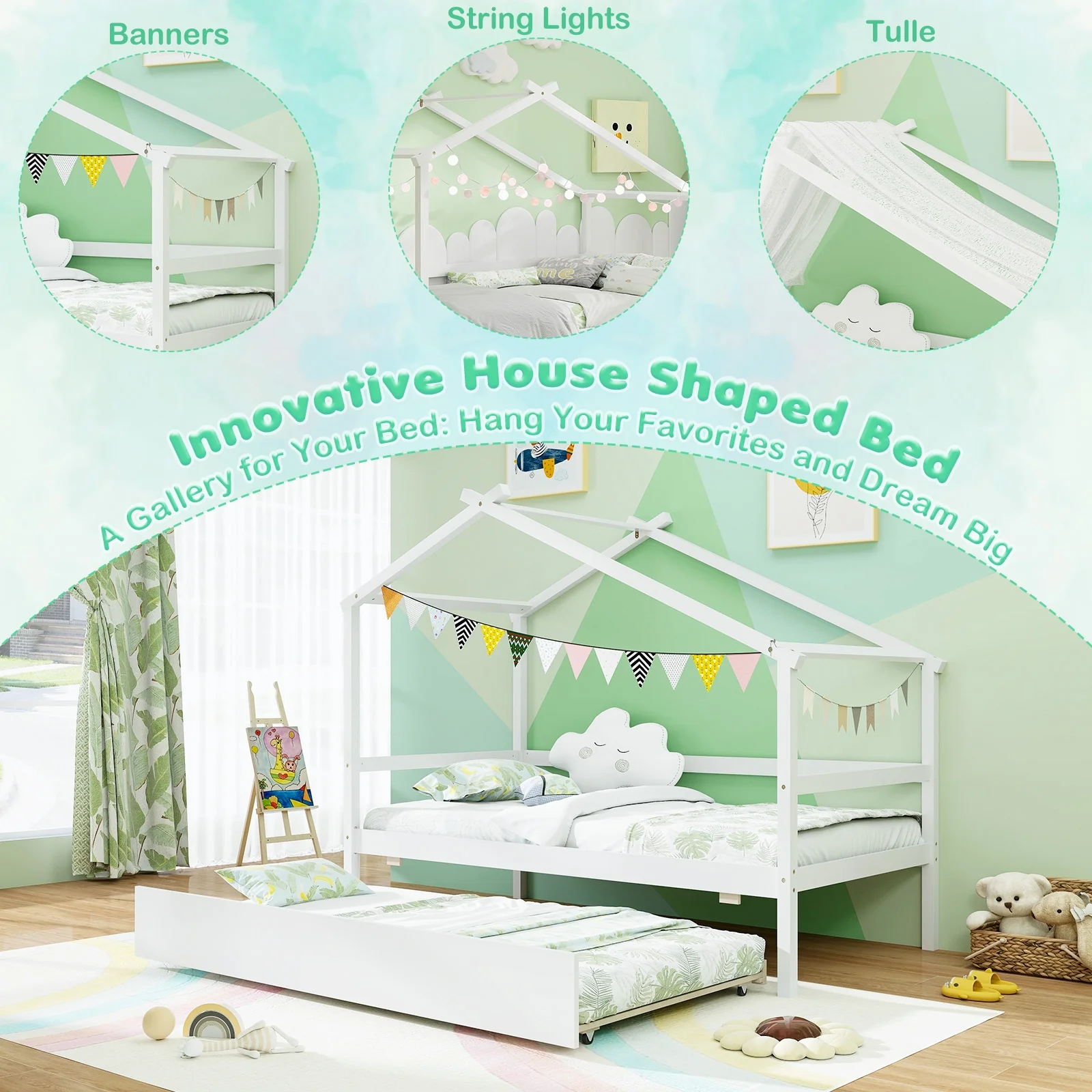 Kids Twin Size House Bed With Trundle And Roof, White - Image 10