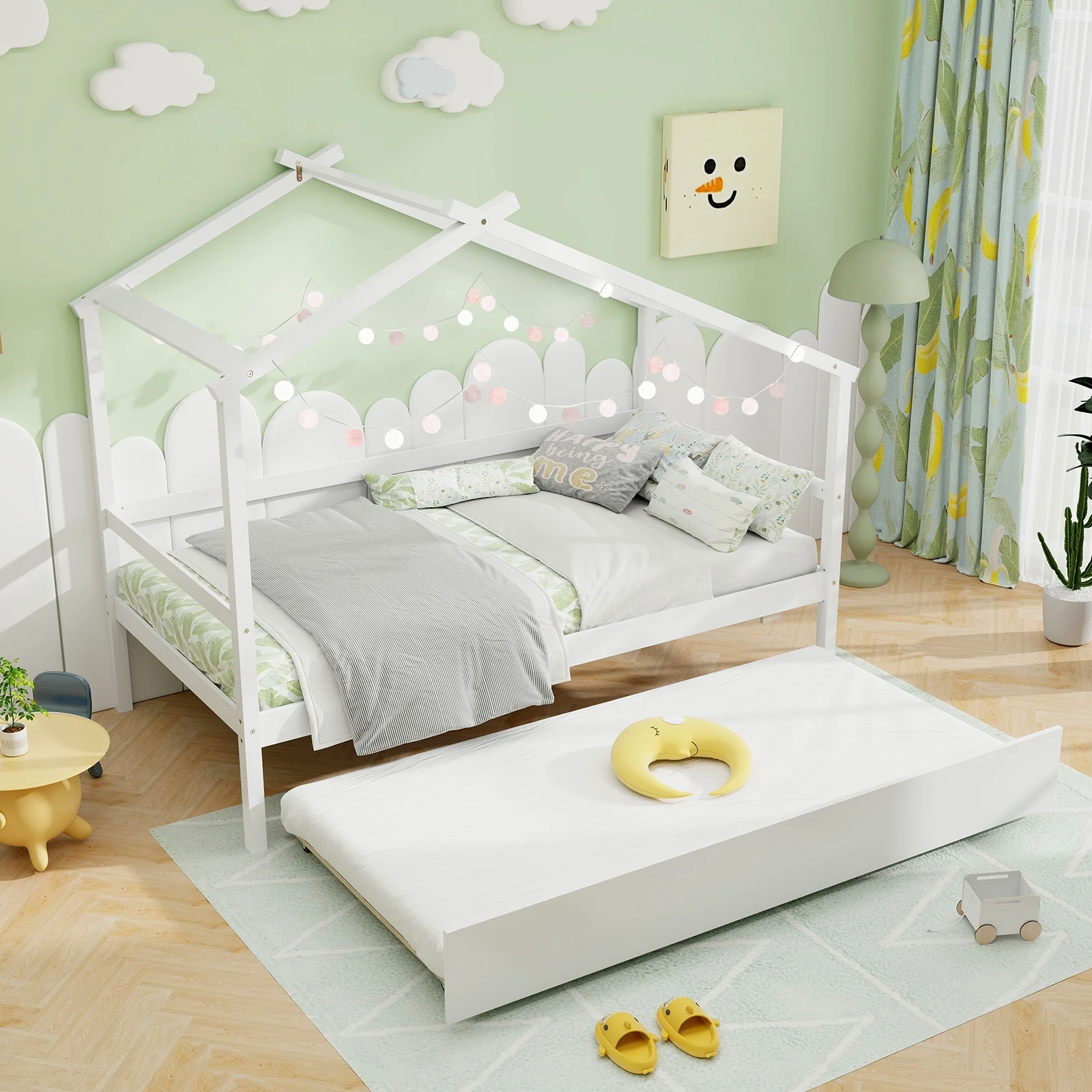 Kids Twin Size House Bed With Trundle And Roof, White - Image 2
