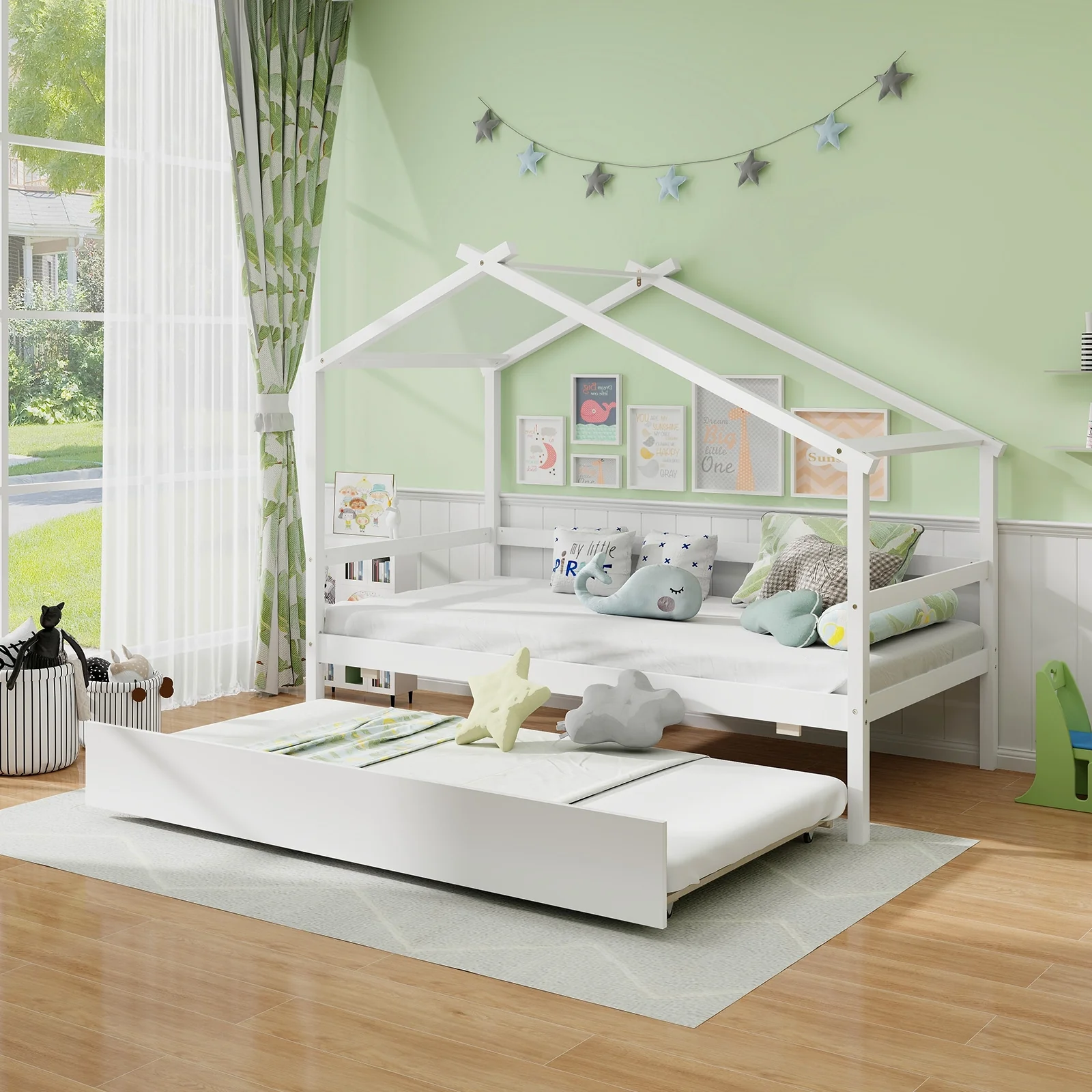 Kids Twin Size House Bed With Trundle And Roof, White - Image 3