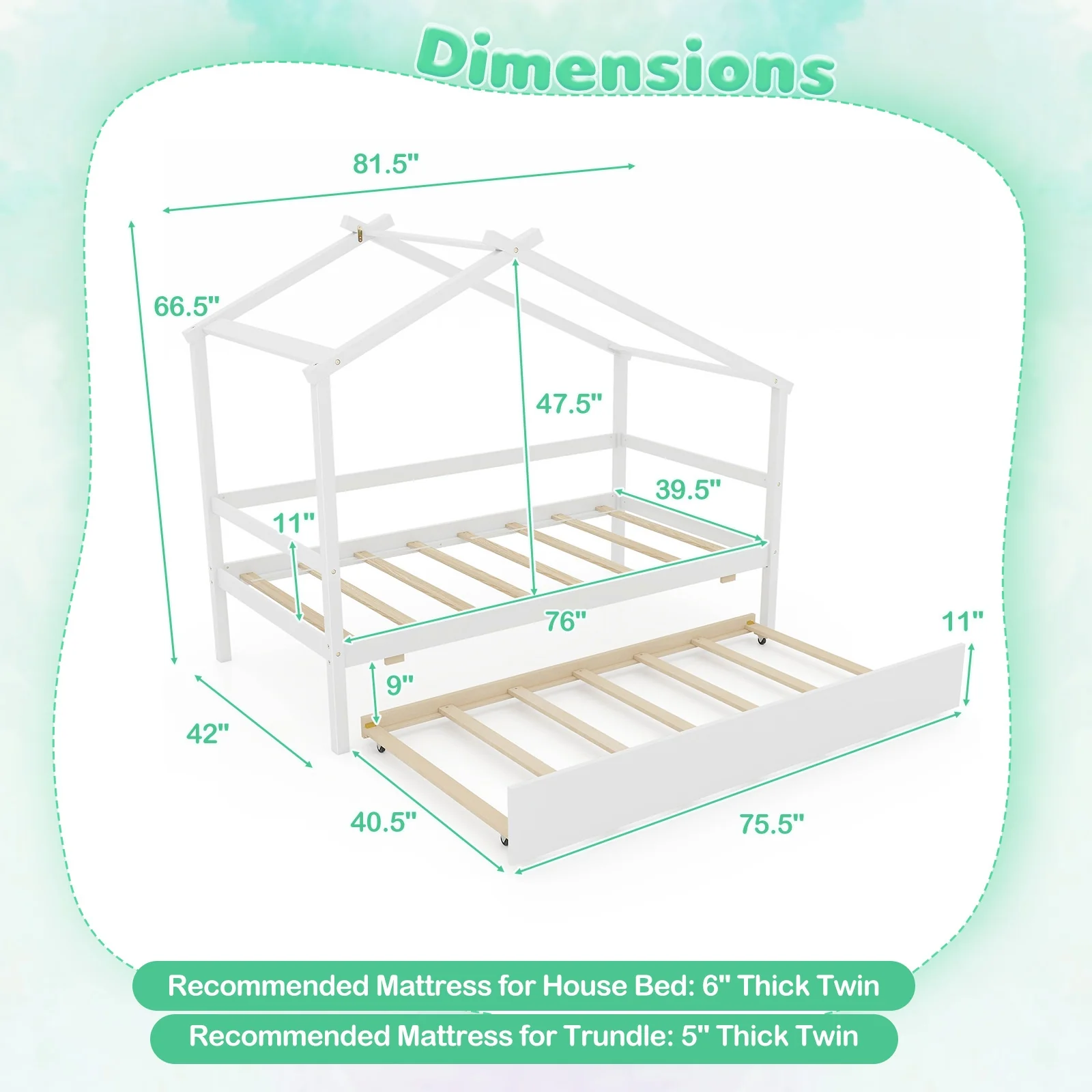 Kids Twin Size House Bed With Trundle And Roof, White - Image 6
