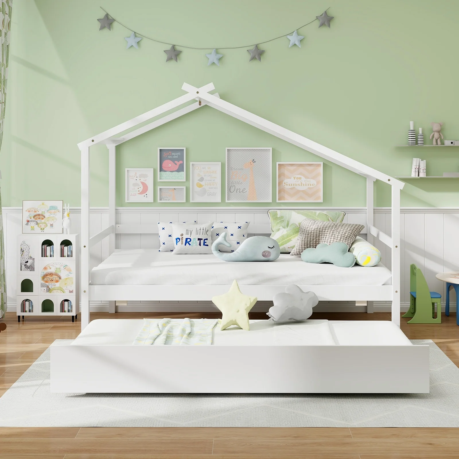 Kids Twin Size House Bed With Trundle And Roof, White - Image 7