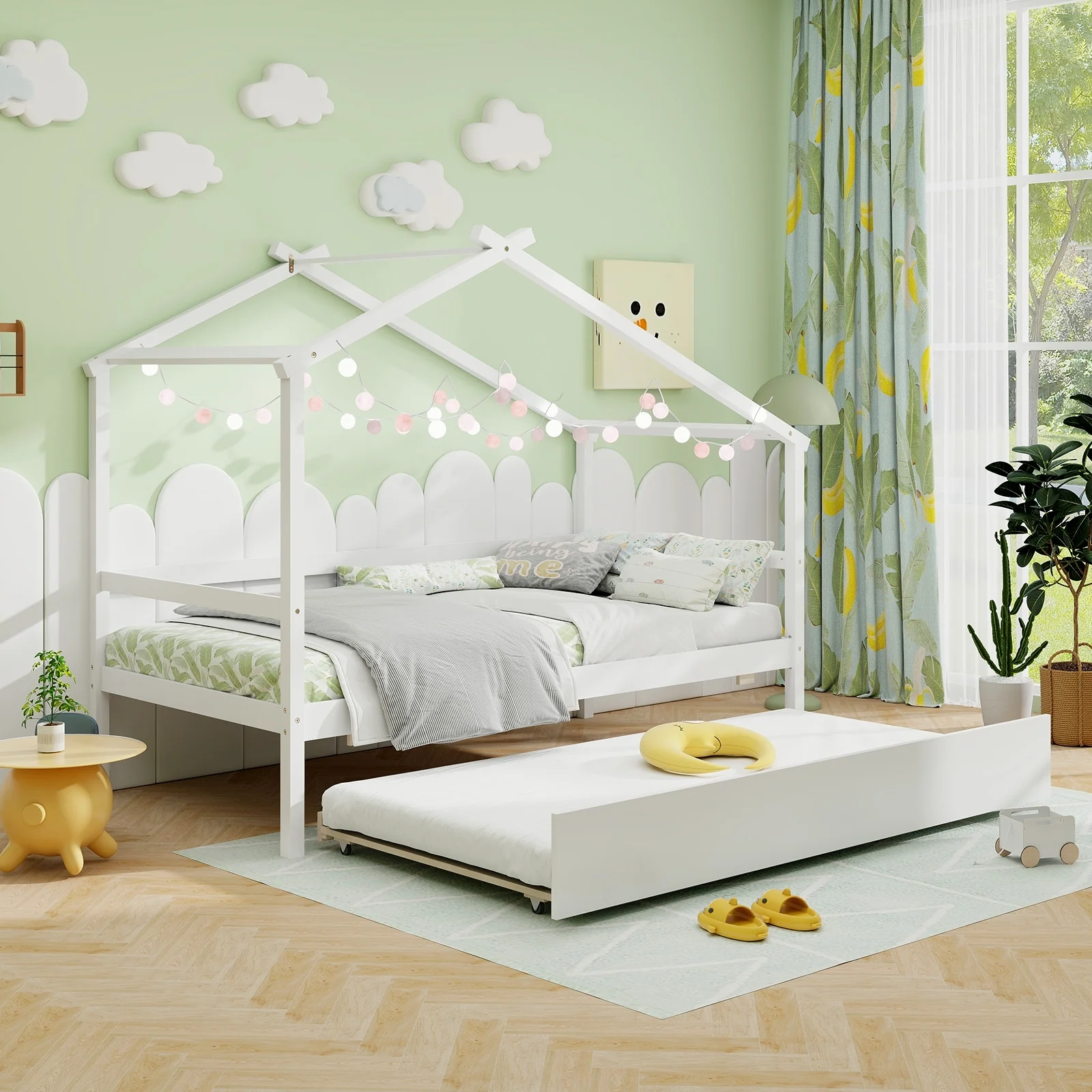 Kids Twin Size House Bed With Trundle And Roof, White - Image 8