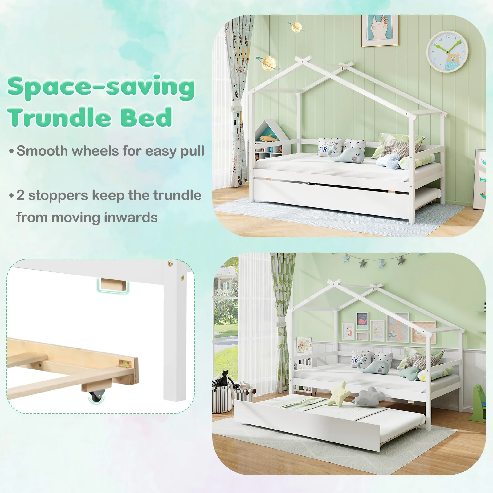 Kids Twin Size House Bed With Trundle And Roof, White - Image 9