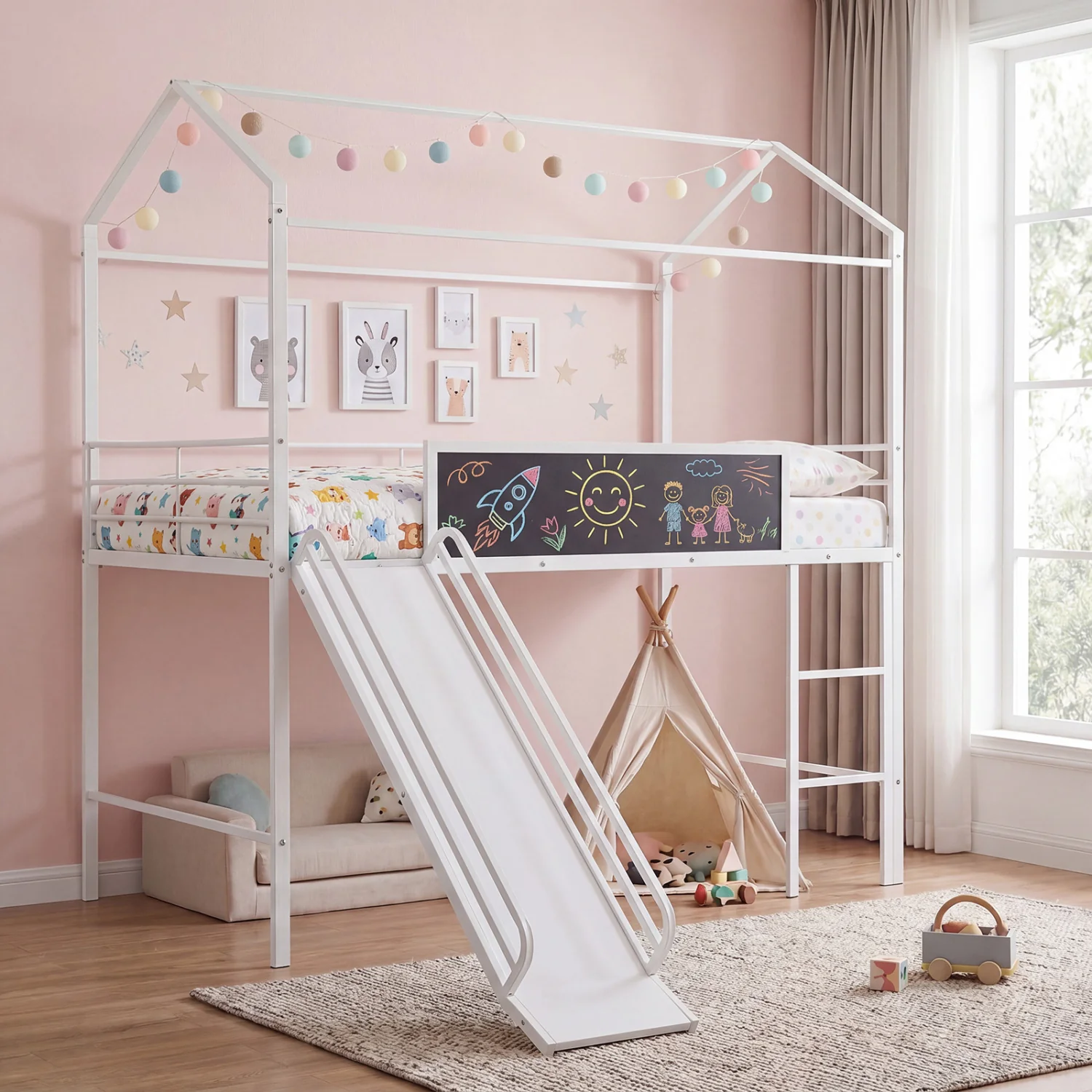 Kids Twin Size Loft Bed with Ladder and Slide, White - Image 2