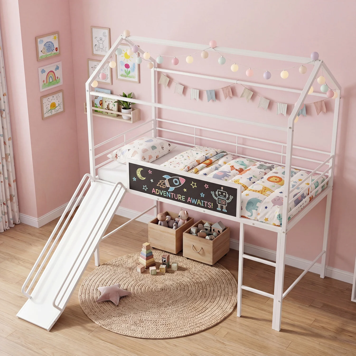 Kids Twin Size Loft Bed with Ladder and Slide, White - Image 3