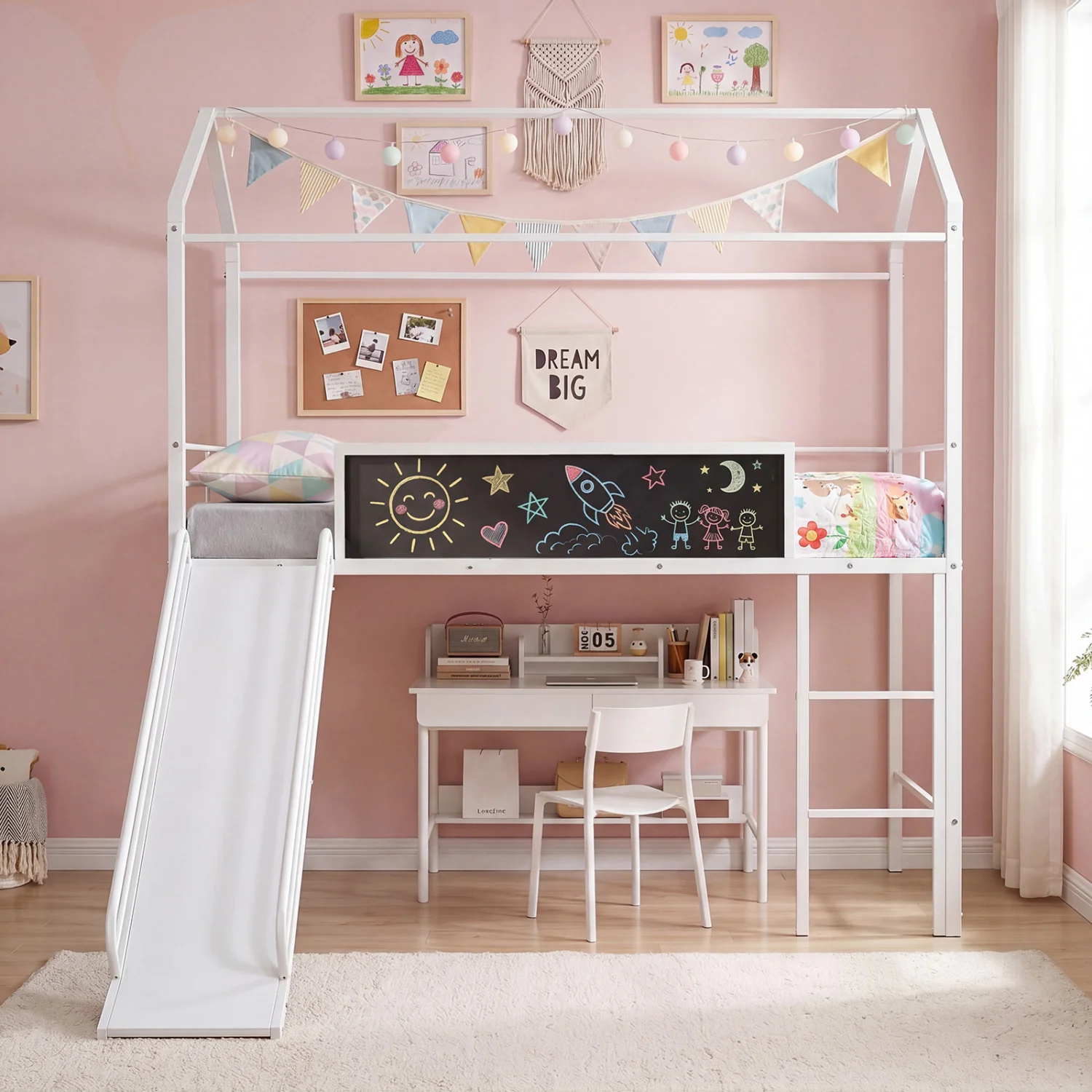 Kids Twin Size Loft Bed with Ladder and Slide, White - Image 5