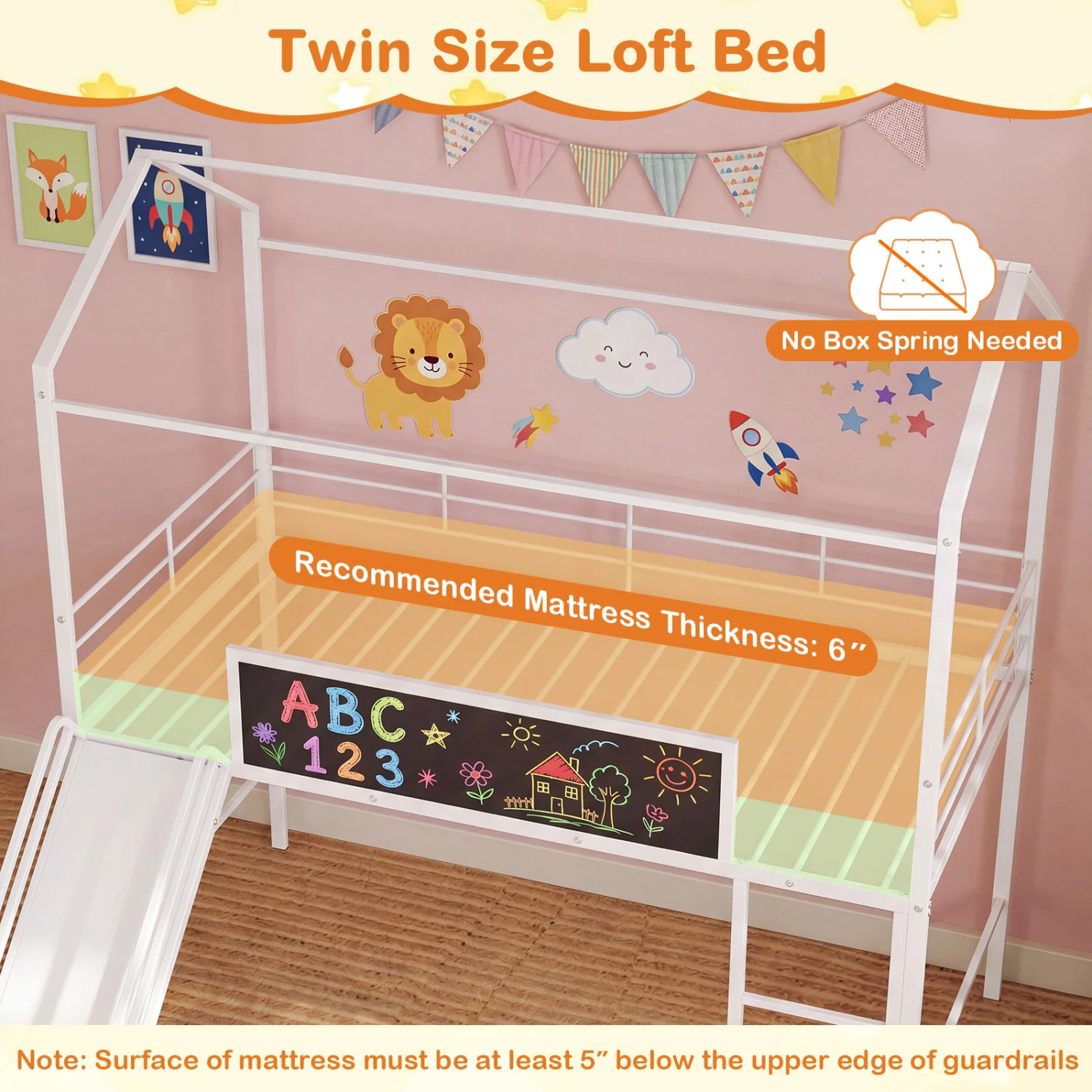 Kids Twin Size Loft Bed with Ladder and Slide, White - Image 6
