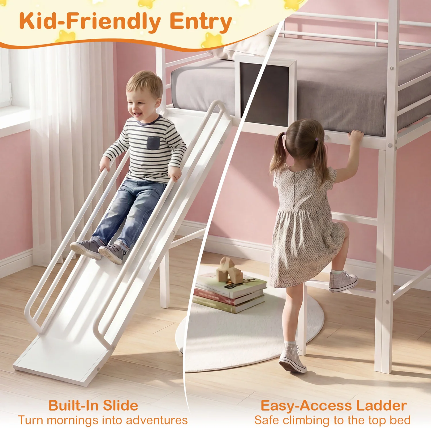 Kids Twin Size Loft Bed with Ladder and Slide, White - Image 9