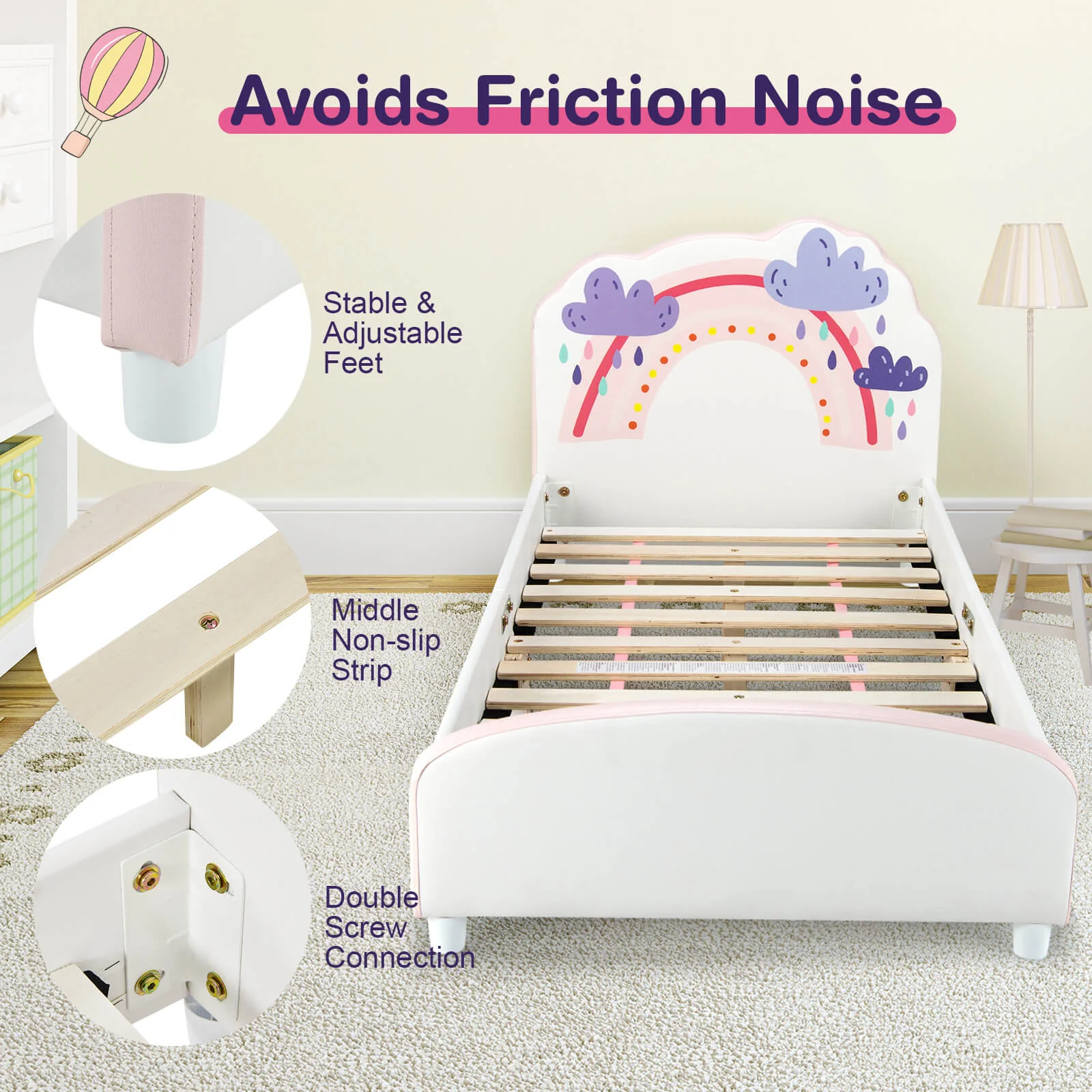 Kids Twin Size Upholstered Platform Wooden Bed, Rainbow Pattern, White - Image 10
