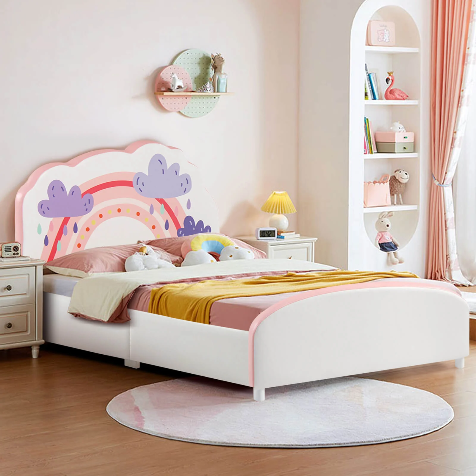 Kids Twin Size Upholstered Platform Wooden Bed, Rainbow Pattern, White - Image 2