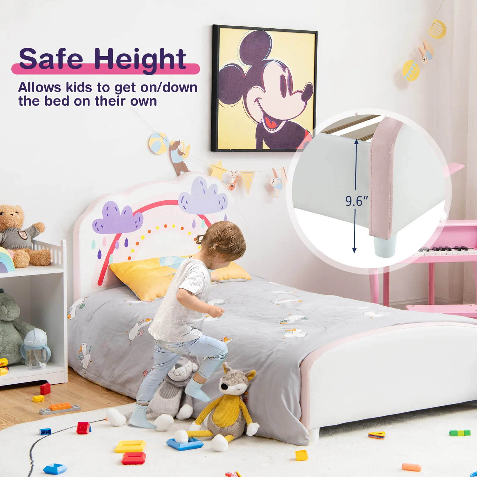 Kids Twin Size Upholstered Platform Wooden Bed, Rainbow Pattern, White - Image 3