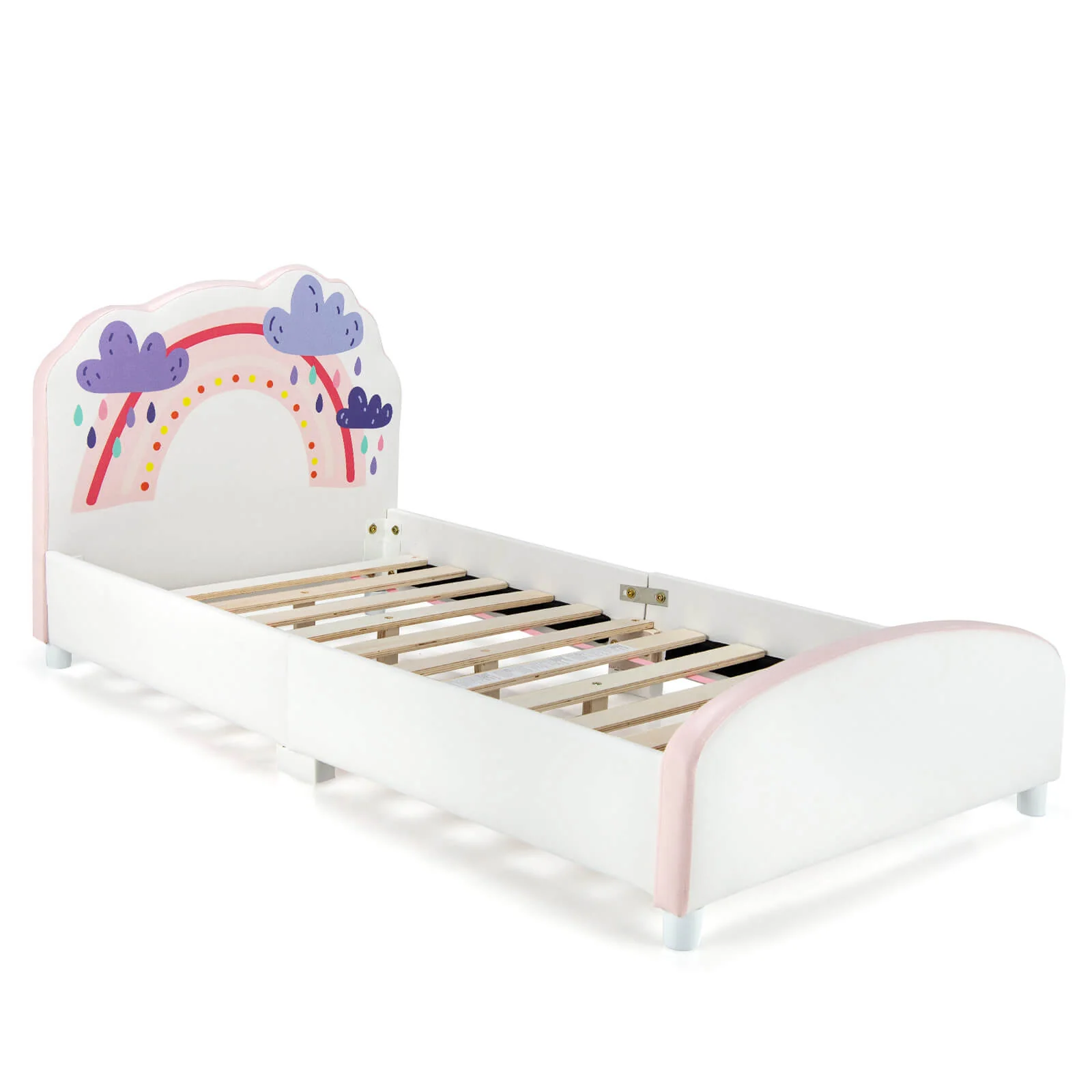 Kids Twin Size Upholstered Platform Wooden Bed, Rainbow Pattern, White - Image 4