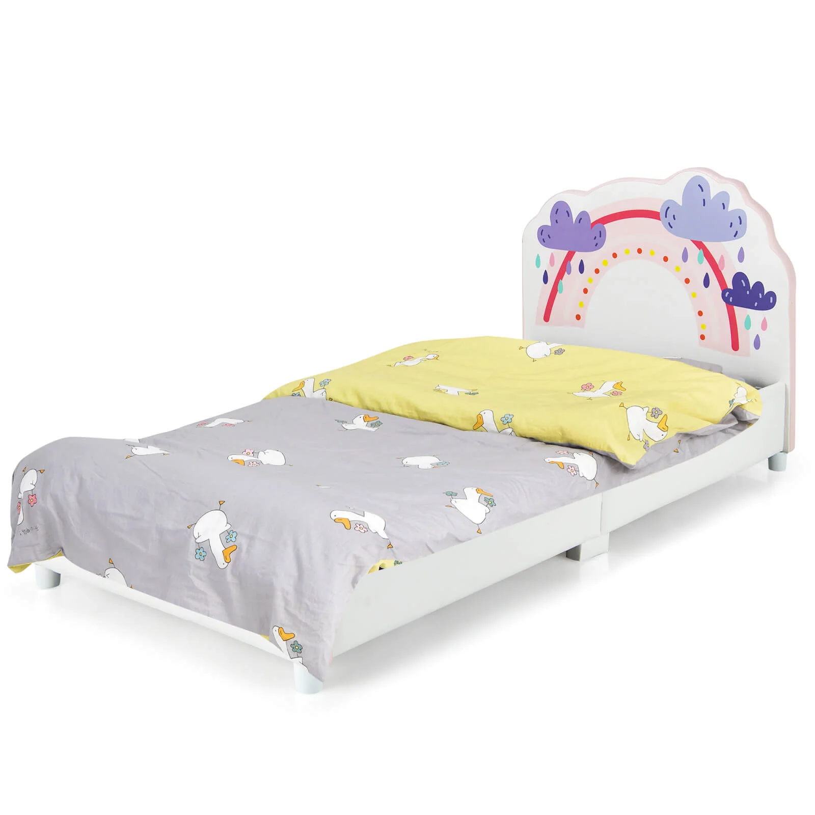 Kids Twin Size Upholstered Platform Wooden Bed, Rainbow Pattern, White - Image 5