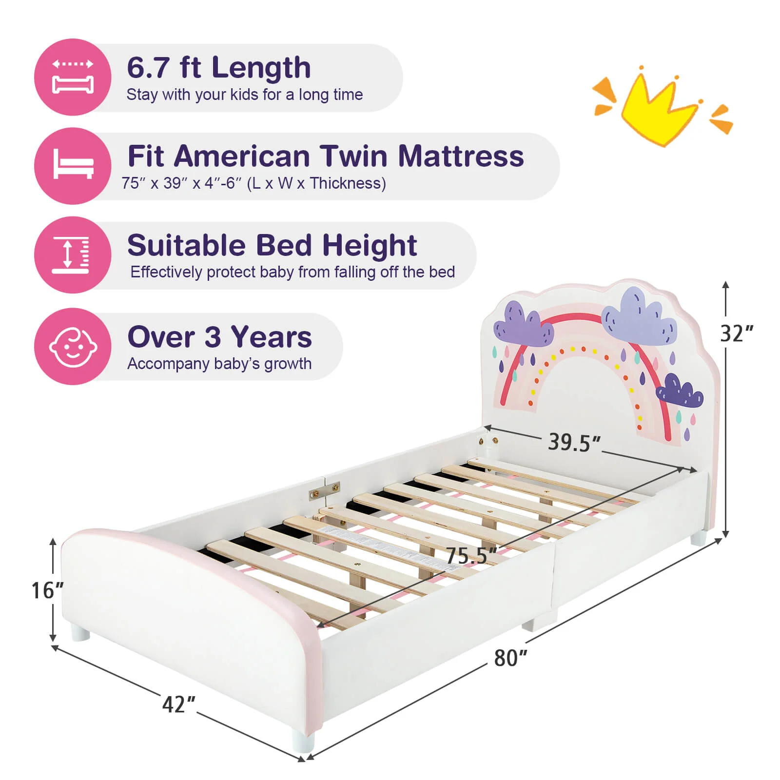 Kids Twin Size Upholstered Platform Wooden Bed, Rainbow Pattern, White - Image 6