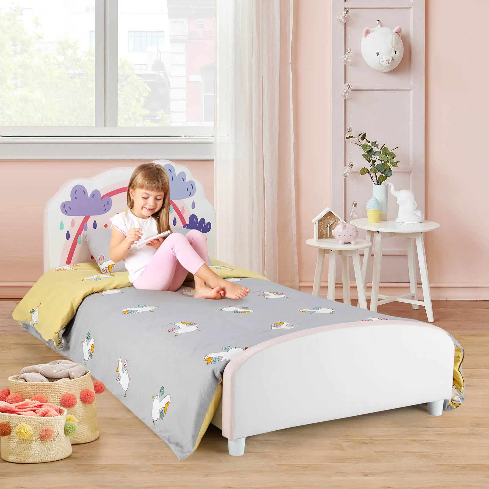 Kids Twin Size Upholstered Platform Wooden Bed, Rainbow Pattern, White - Image 7