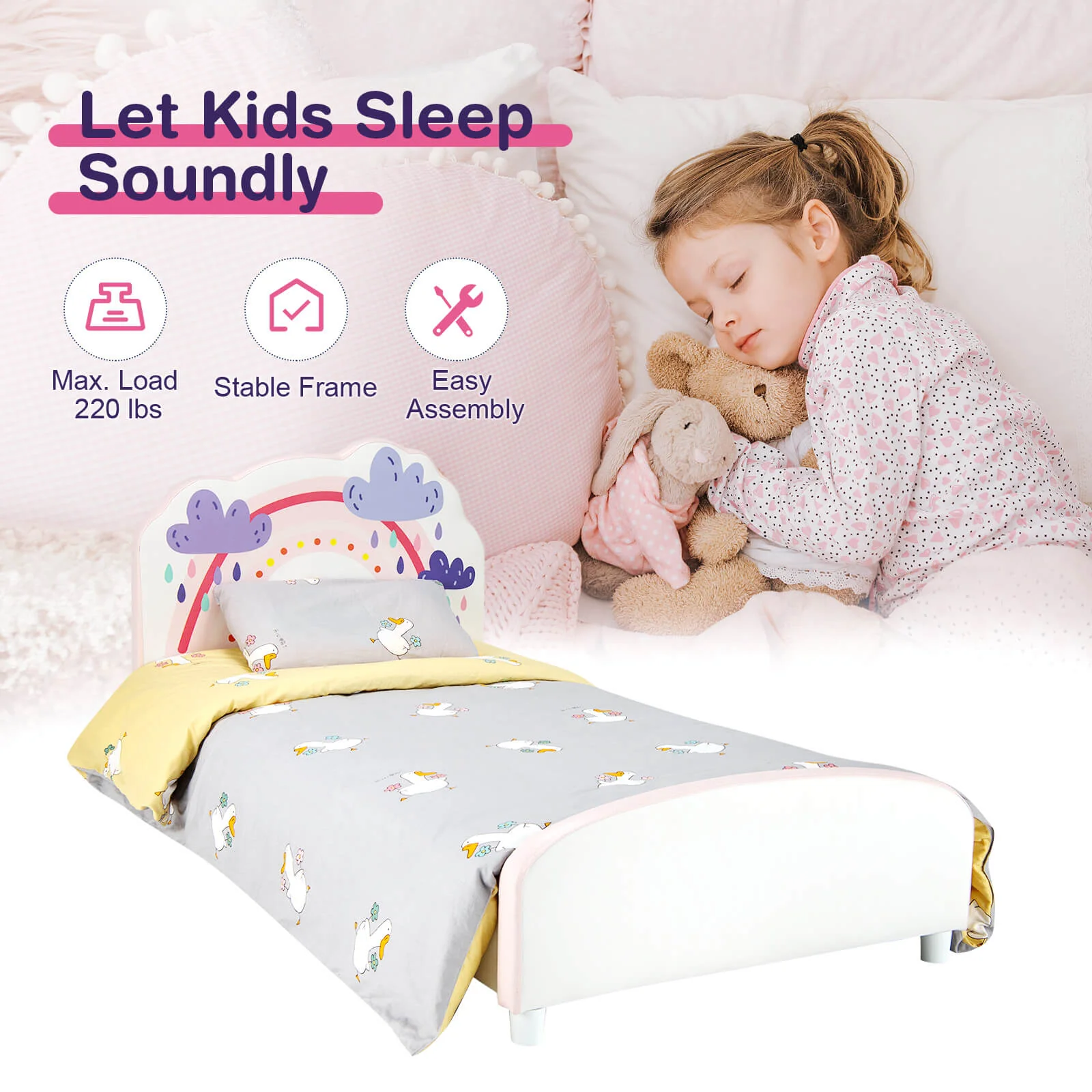 Kids Twin Size Upholstered Platform Wooden Bed, Rainbow Pattern, White - Image 8