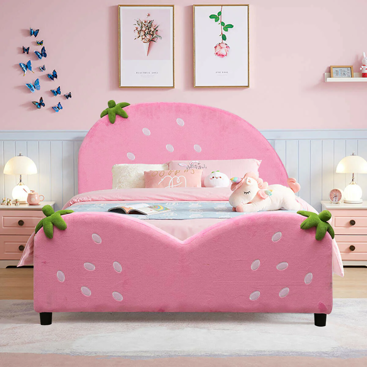 Kids Upholstered Berry Pattern Toddler Bed, Pink - Image 10