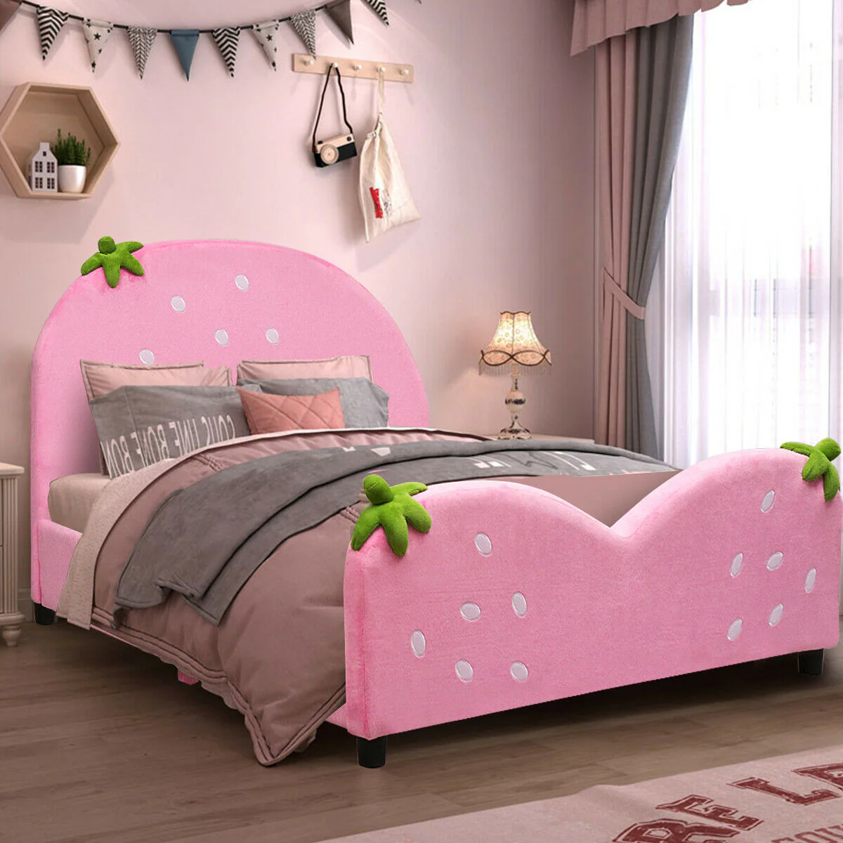 Kids Upholstered Berry Pattern Toddler Bed, Pink - Image 2