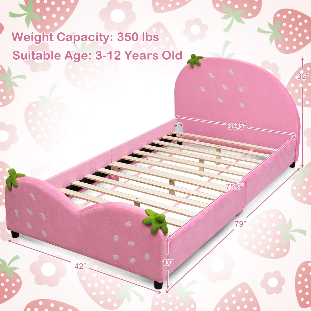 Kids Upholstered Berry Pattern Toddler Bed, Pink - Image 5