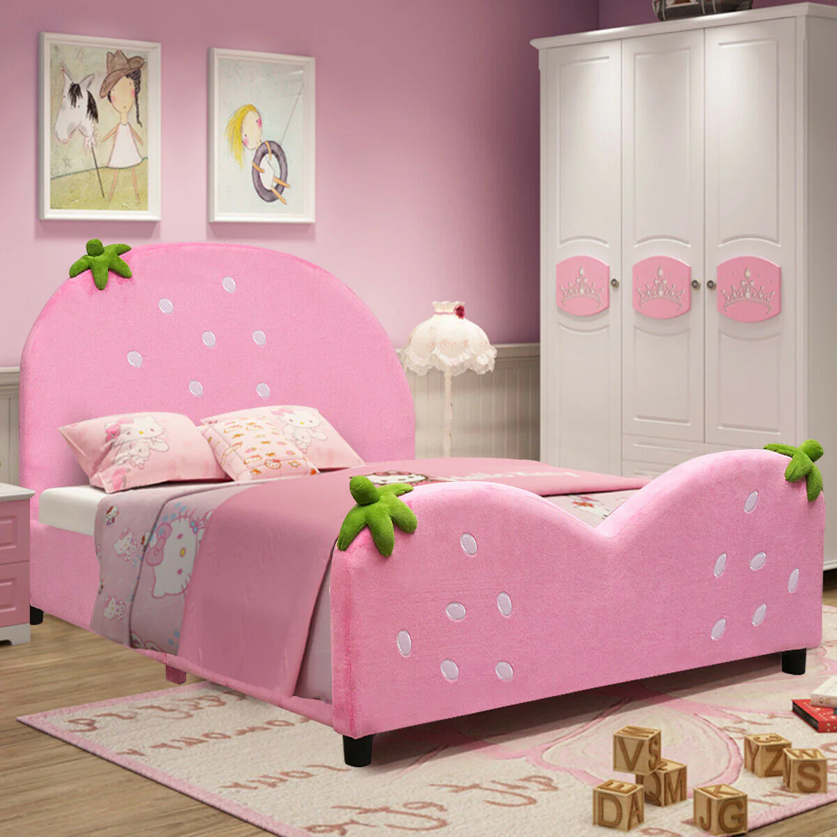 Kids Upholstered Berry Pattern Toddler Bed, Pink - Image 7