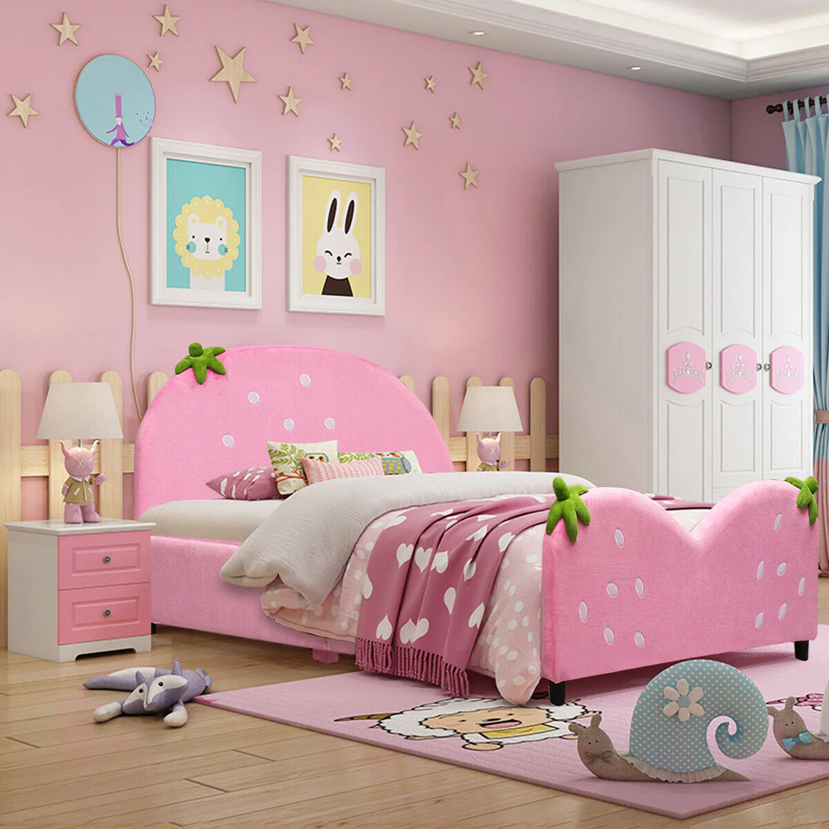 Kids Upholstered Berry Pattern Toddler Bed, Pink - Image 8