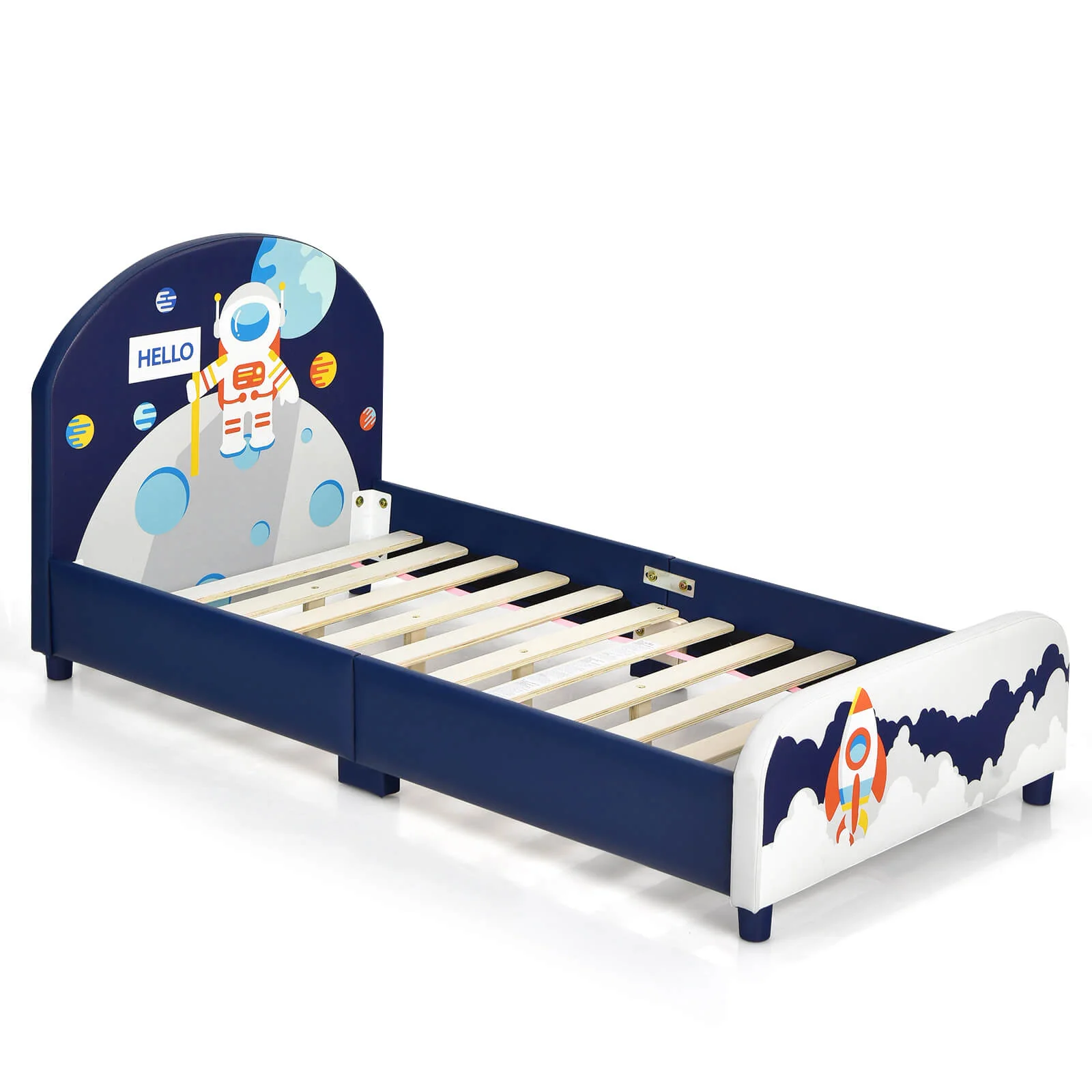 Kids Upholstered Platform Bed, Headboard And Footboard, Dark Blue