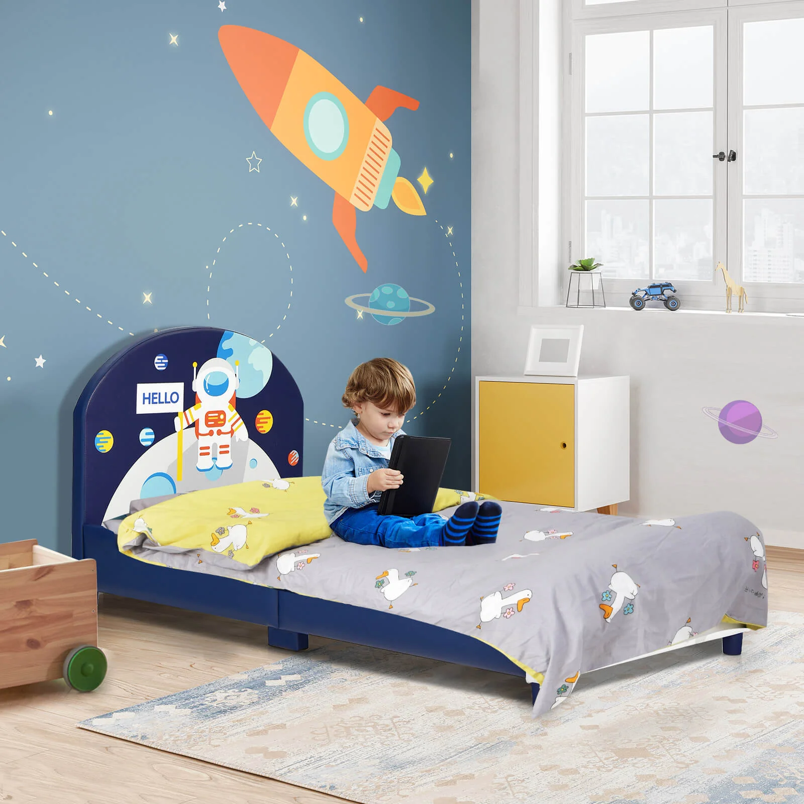 Kids Upholstered Platform Bed, Headboard And Footboard, Dark Blue - Image 3