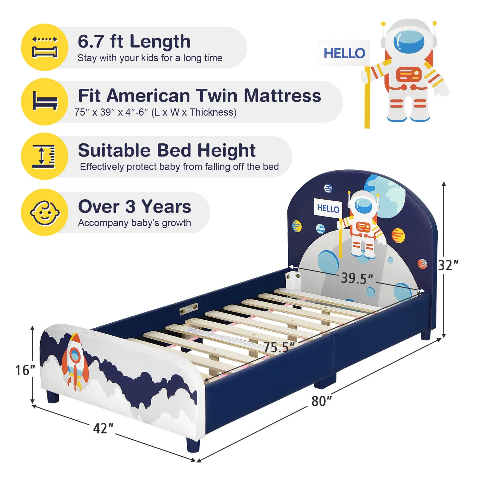 Kids Upholstered Platform Bed, Headboard And Footboard, Dark Blue - Image 6