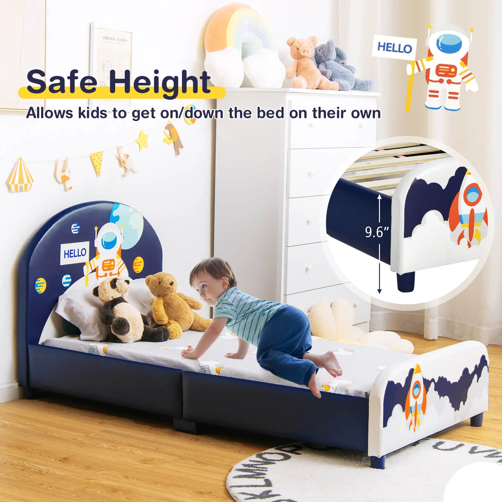 Kids Upholstered Platform Bed, Headboard And Footboard, Dark Blue - Image 7