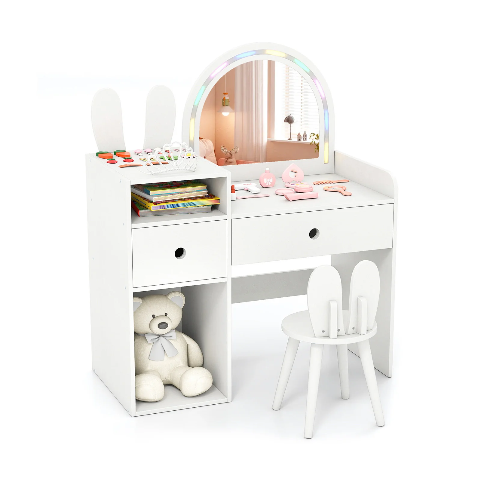 Kids Vanity Desk And Chair Set With Lights, Open Shelves, White