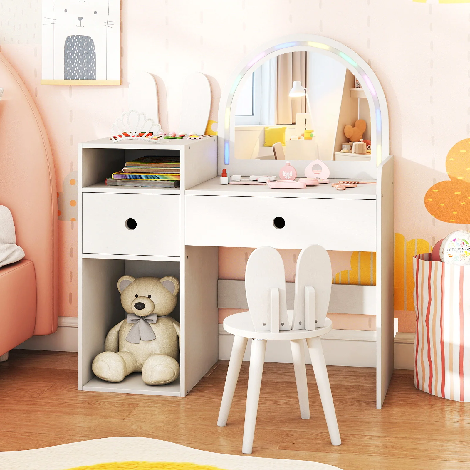 Kids Vanity Desk And Chair Set With Lights, Open Shelves, White - Image 2