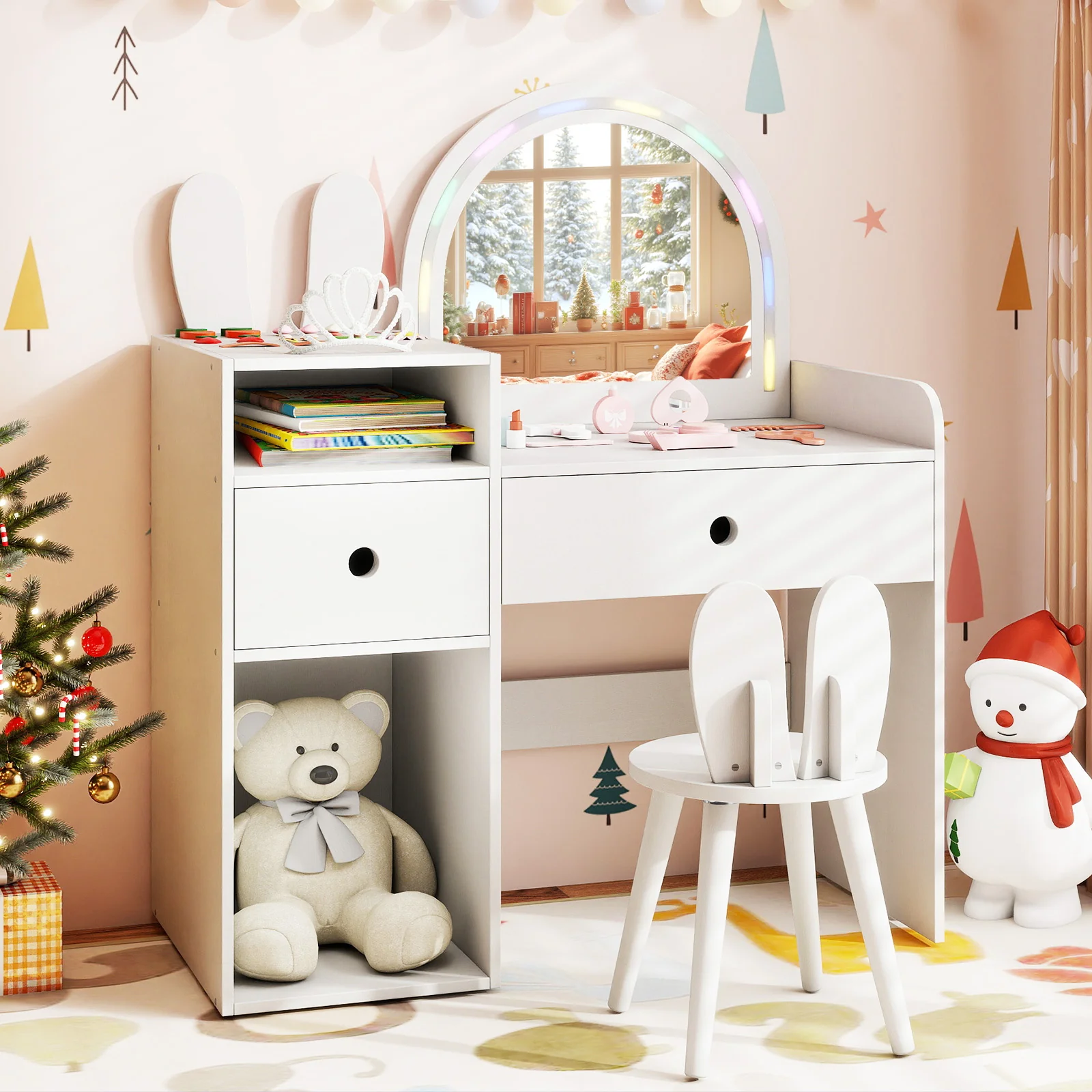 Kids Vanity Desk And Chair Set With Lights, Open Shelves, White - Image 3