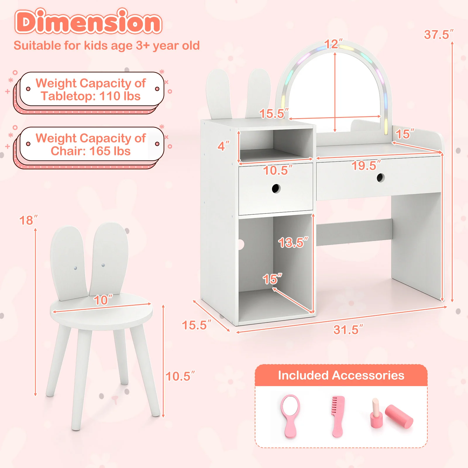 Kids Vanity Desk And Chair Set With Lights, Open Shelves, White - Image 5