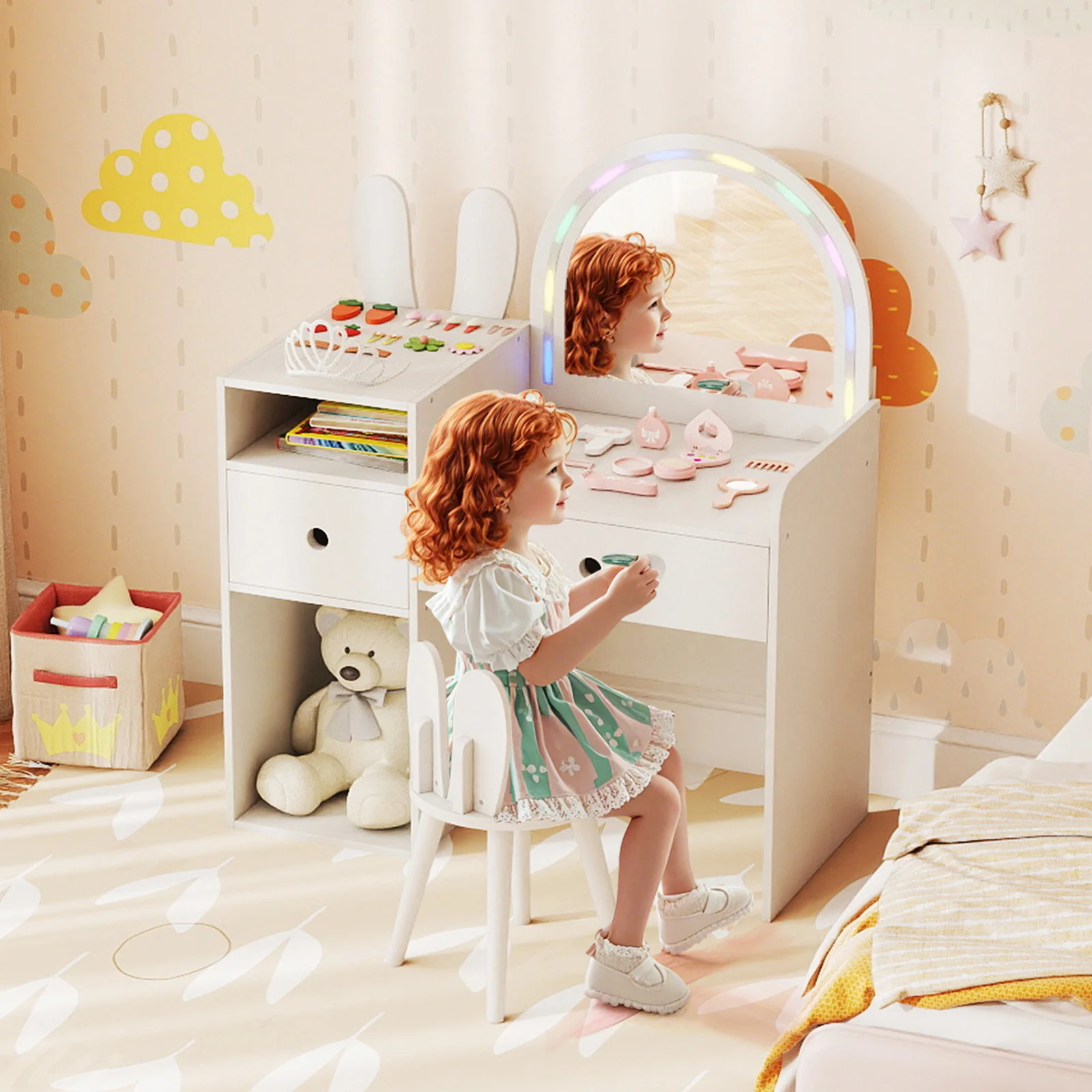 Kids Vanity Desk And Chair Set With Lights, Open Shelves, White - Image 6