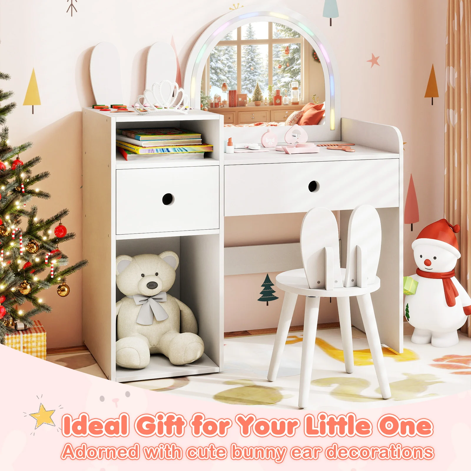 Kids Vanity Desk And Chair Set With Lights, Open Shelves, White - Image 7