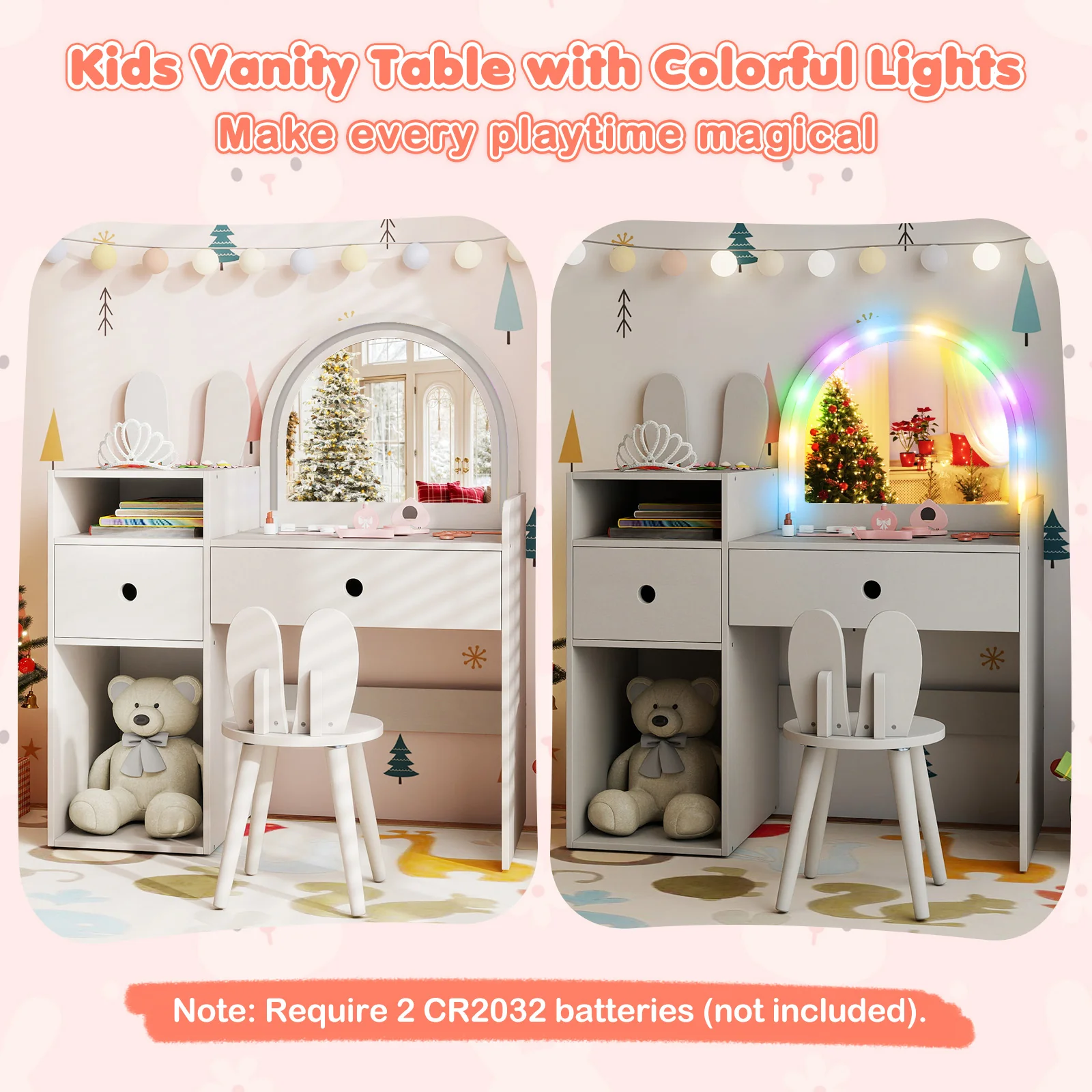Kids Vanity Desk And Chair Set With Lights, Open Shelves, White - Image 9