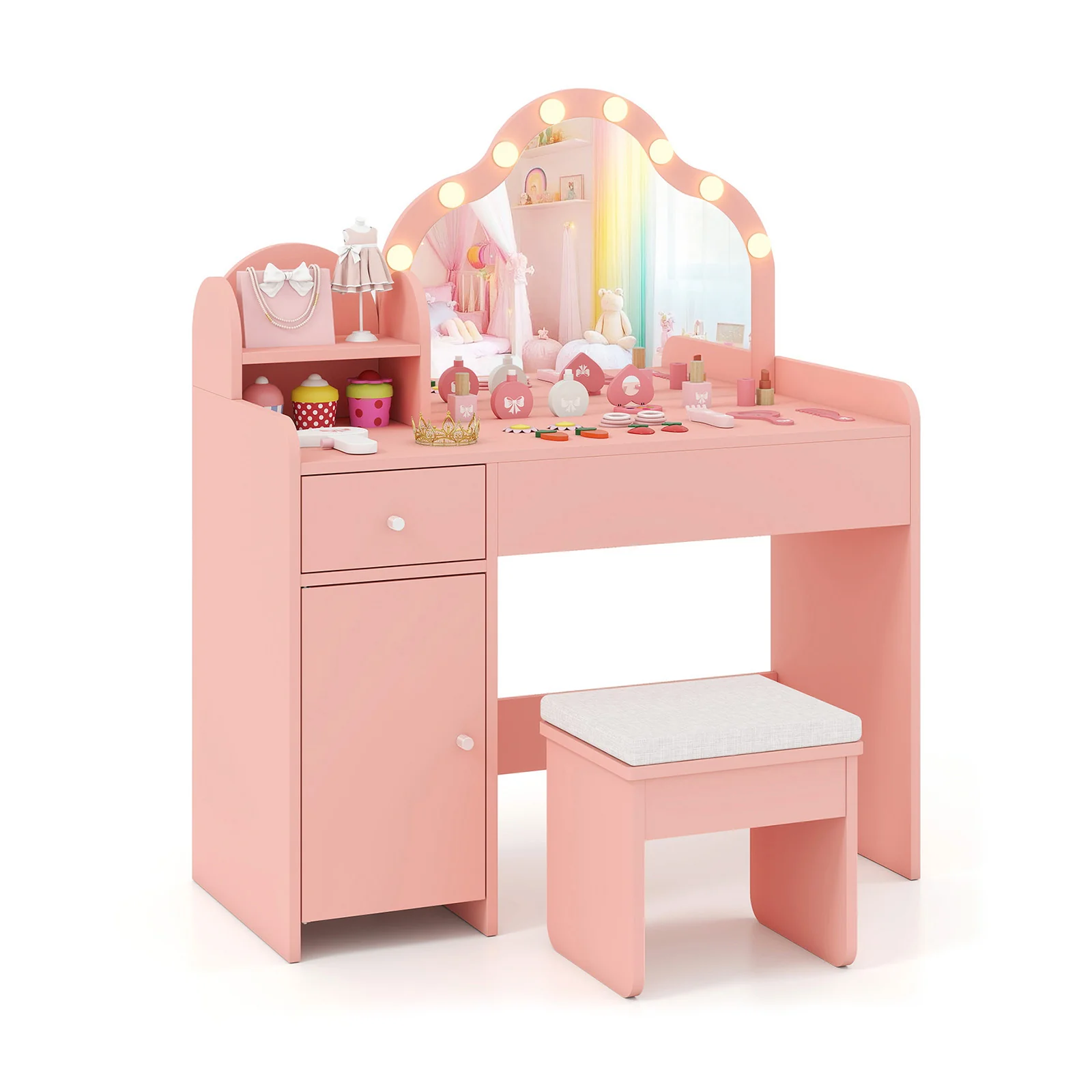Kids Vanity Desk With Mirror And Lights, Pink