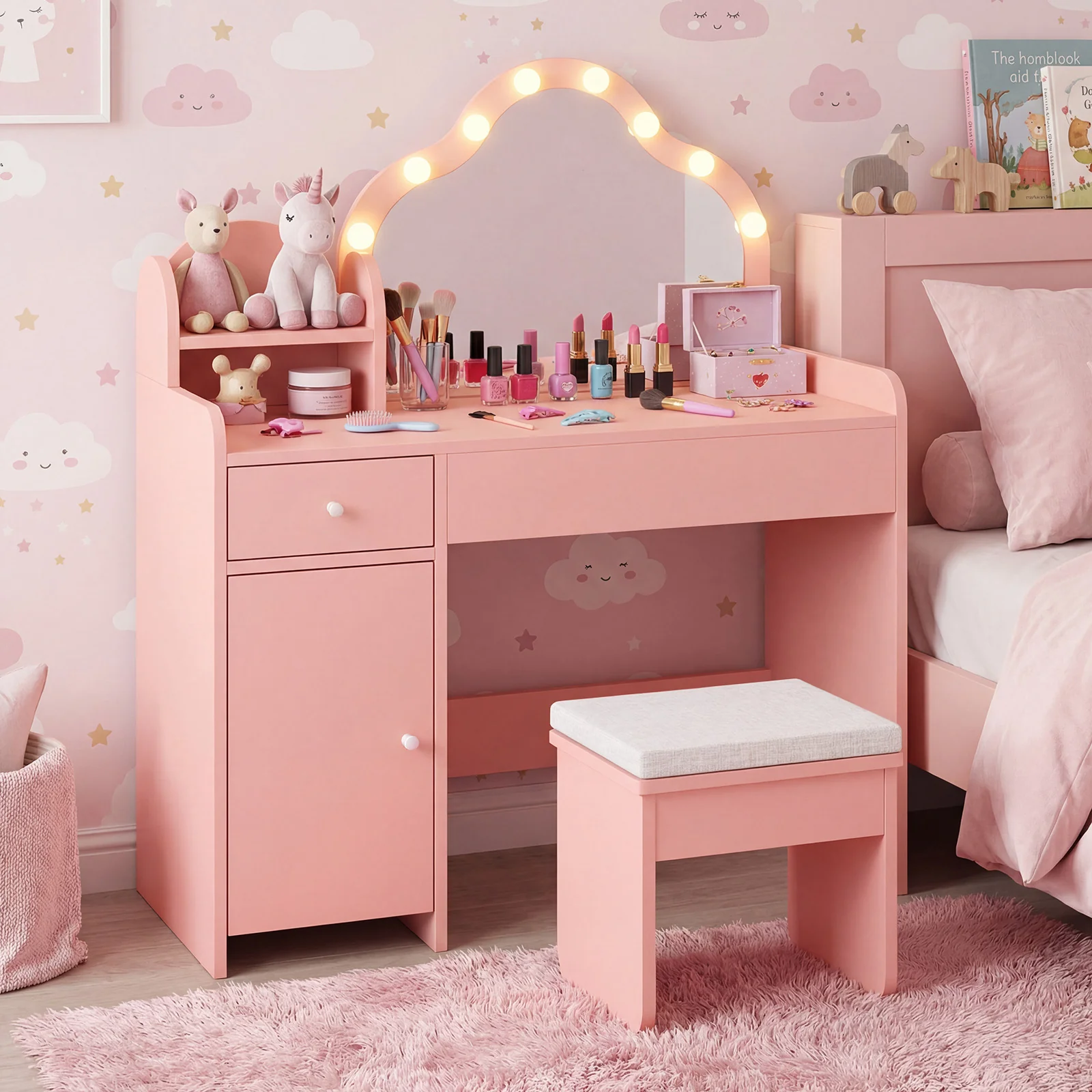 Kids Vanity Desk With Mirror And Lights, Pink - Image 2