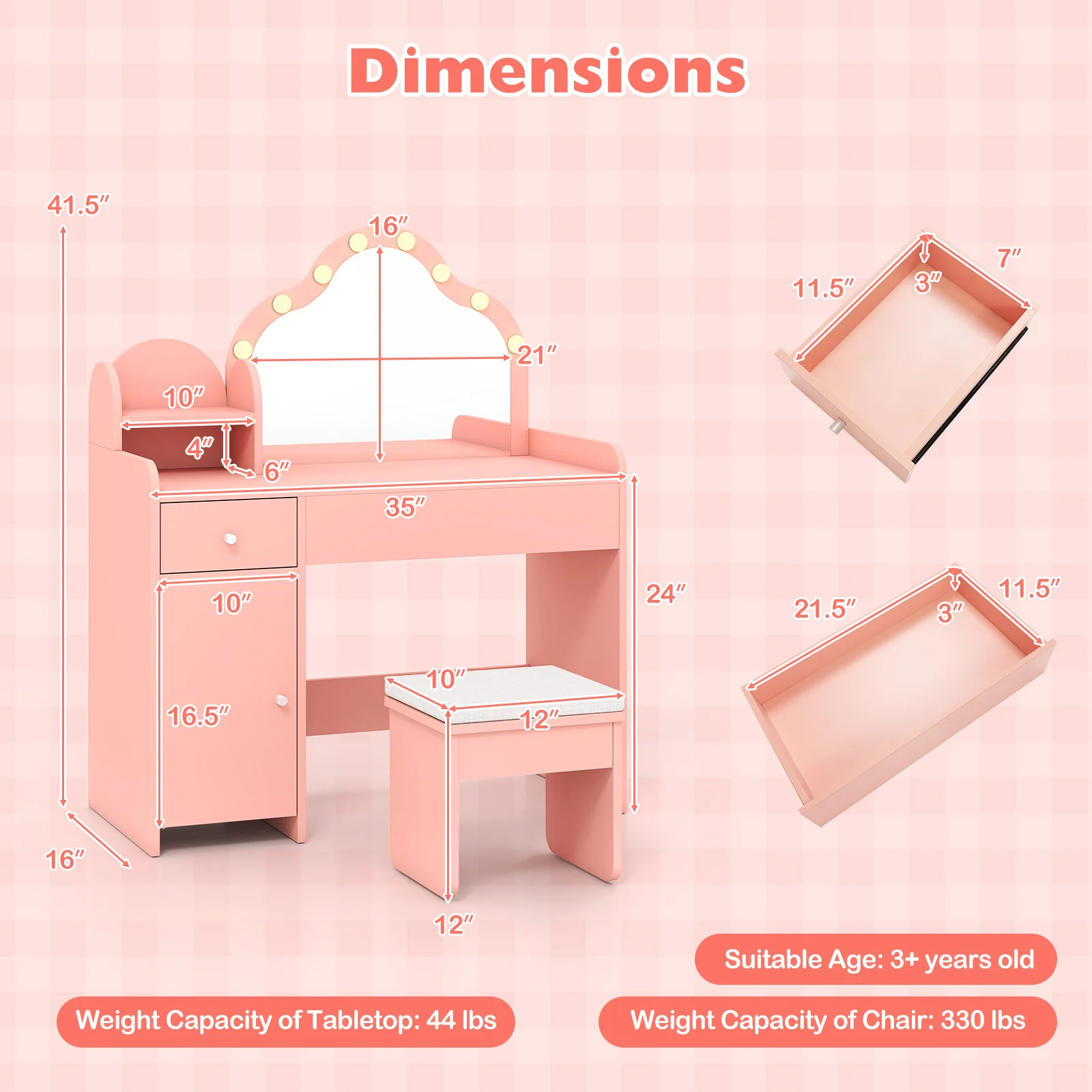 Kids Vanity Desk With Mirror And Lights, Pink - Image 4