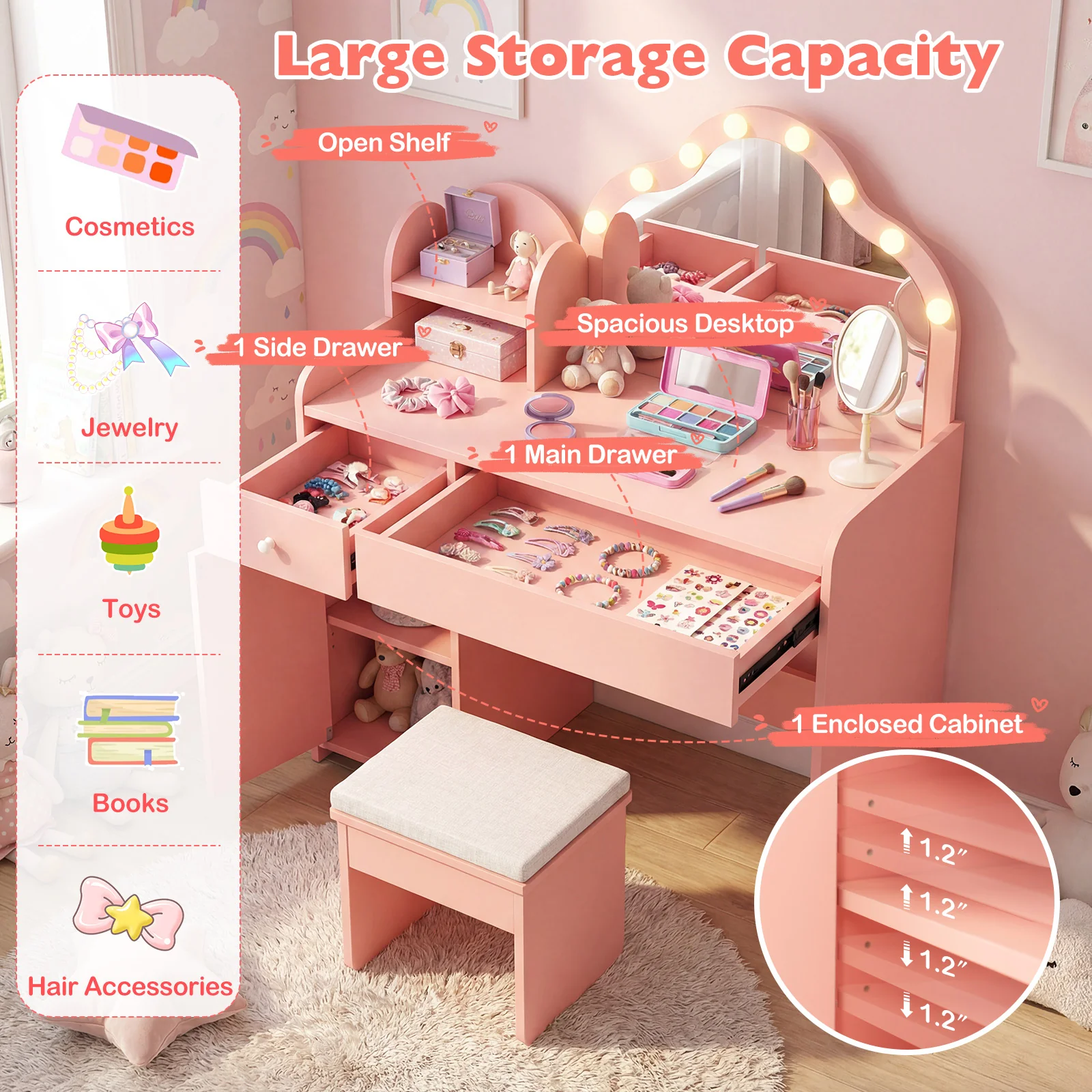 Kids Vanity Desk With Mirror And Lights, Pink - Image 7