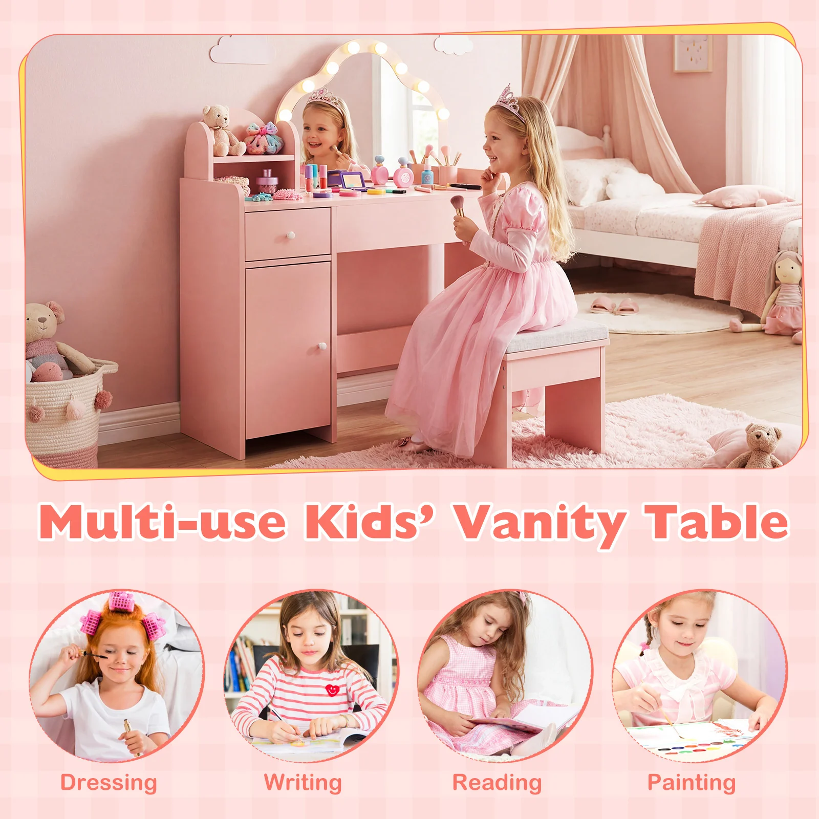 Kids Vanity Desk With Mirror And Lights, Pink - Image 9