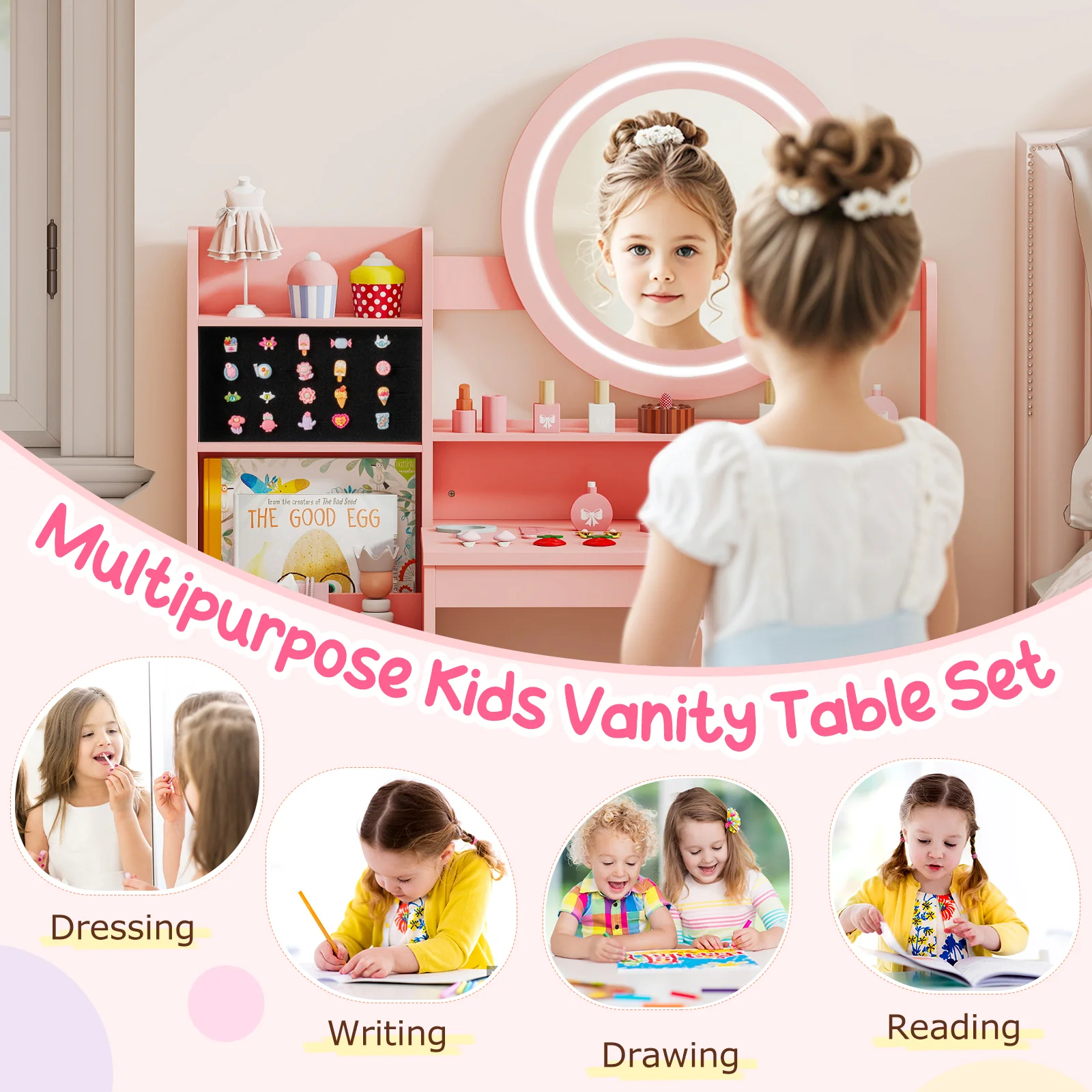 Kids Vanity Desk with Mirror and Lights Princess Pretend Play Dressing Table and Chair Set, Pink - Image 10