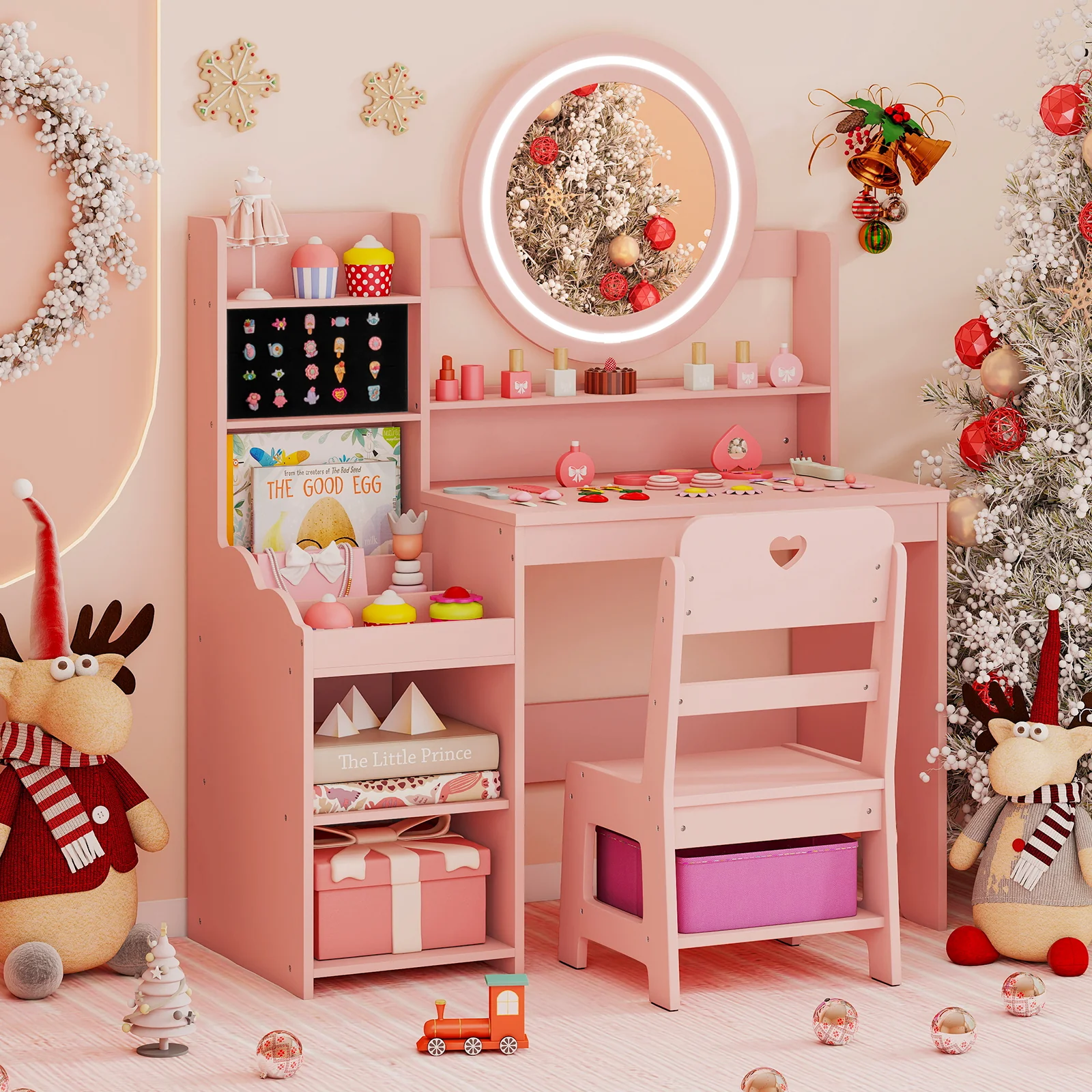 Kids Vanity Desk with Mirror and Lights Princess Pretend Play Dressing Table and Chair Set, Pink - Image 2