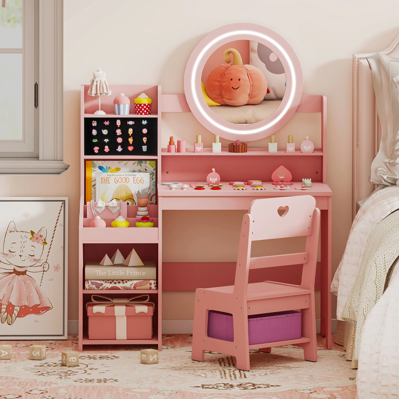 Kids Vanity Desk with Mirror and Lights Princess Pretend Play Dressing Table and Chair Set, Pink - Image 3