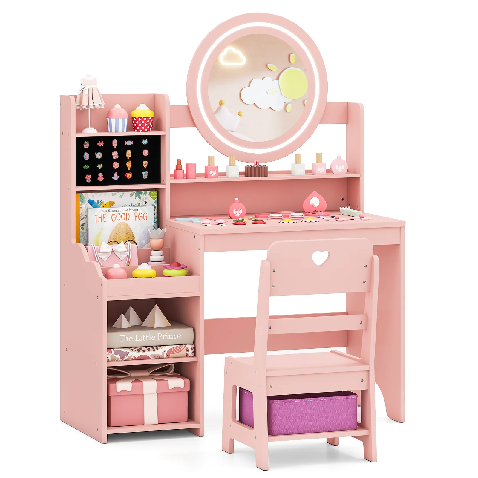 Kids Vanity Desk with Mirror and Lights Princess Pretend Play Dressing Table and Chair Set, Pink - Image 4