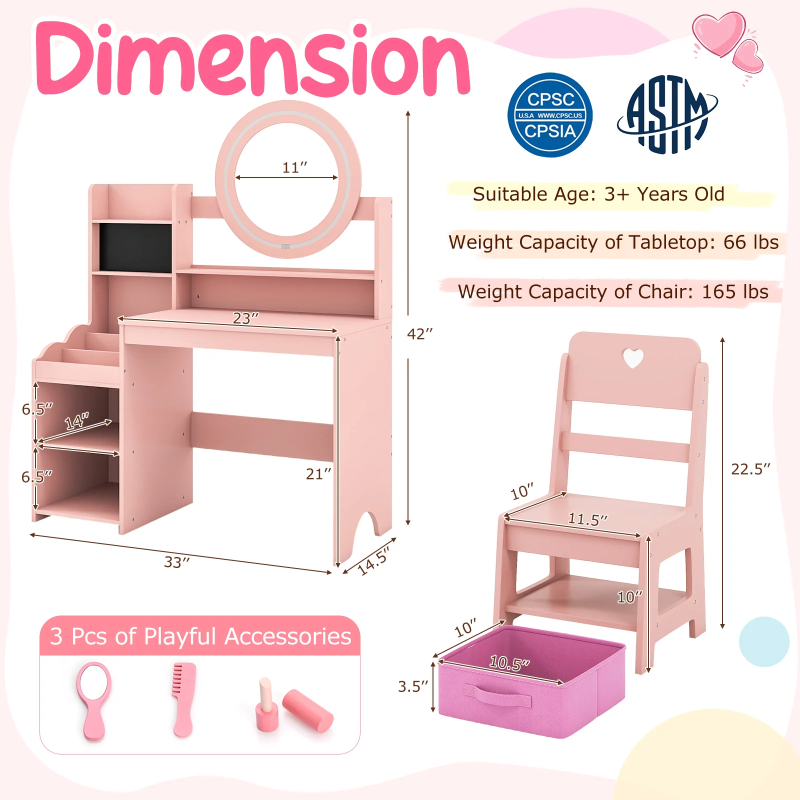 Kids Vanity Desk with Mirror and Lights Princess Pretend Play Dressing Table and Chair Set, Pink - Image 5