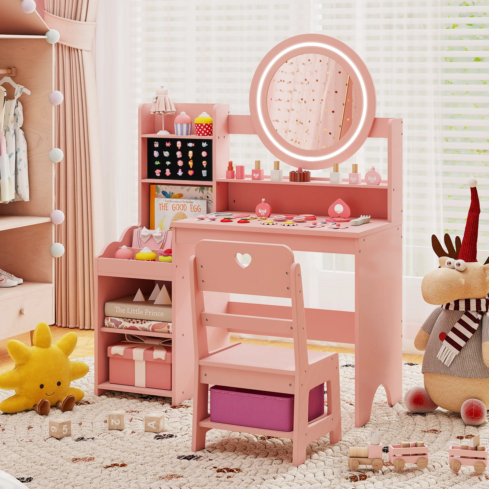 Kids Vanity Desk with Mirror and Lights Princess Pretend Play Dressing Table and Chair Set, Pink - Image 6