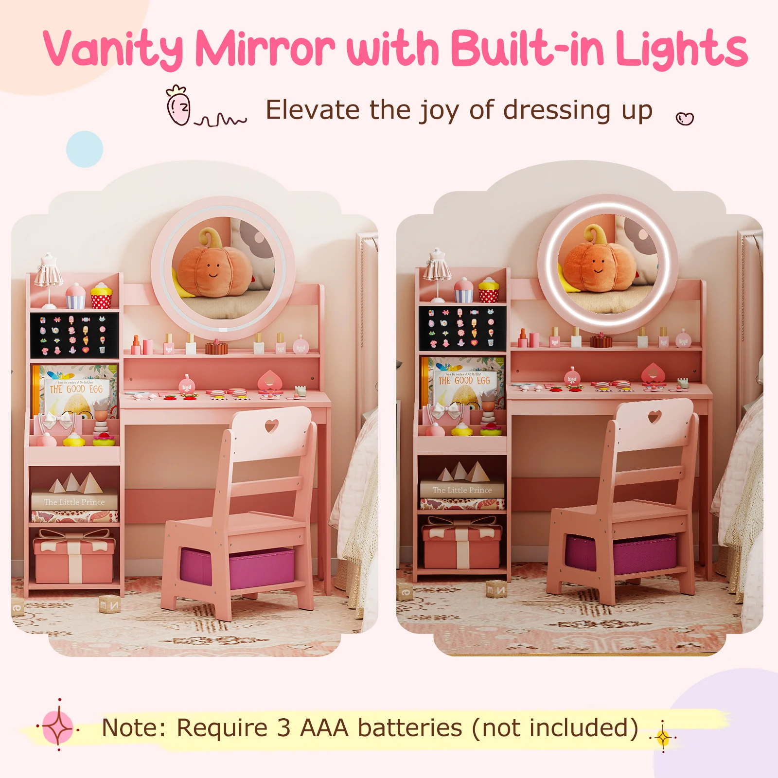 Kids Vanity Desk with Mirror and Lights Princess Pretend Play Dressing Table and Chair Set, Pink - Image 7