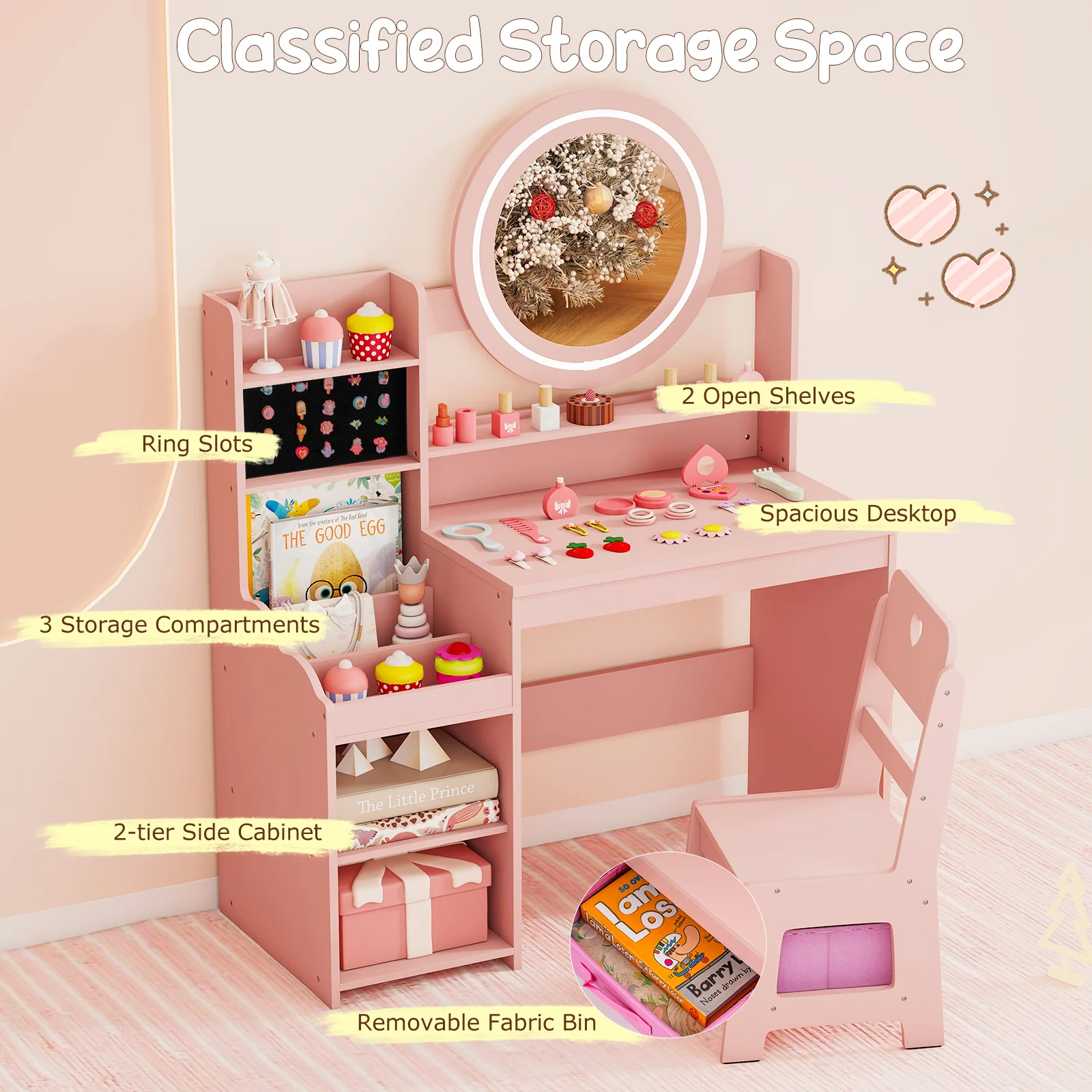 Kids Vanity Desk with Mirror and Lights Princess Pretend Play Dressing Table and Chair Set, Pink - Image 8