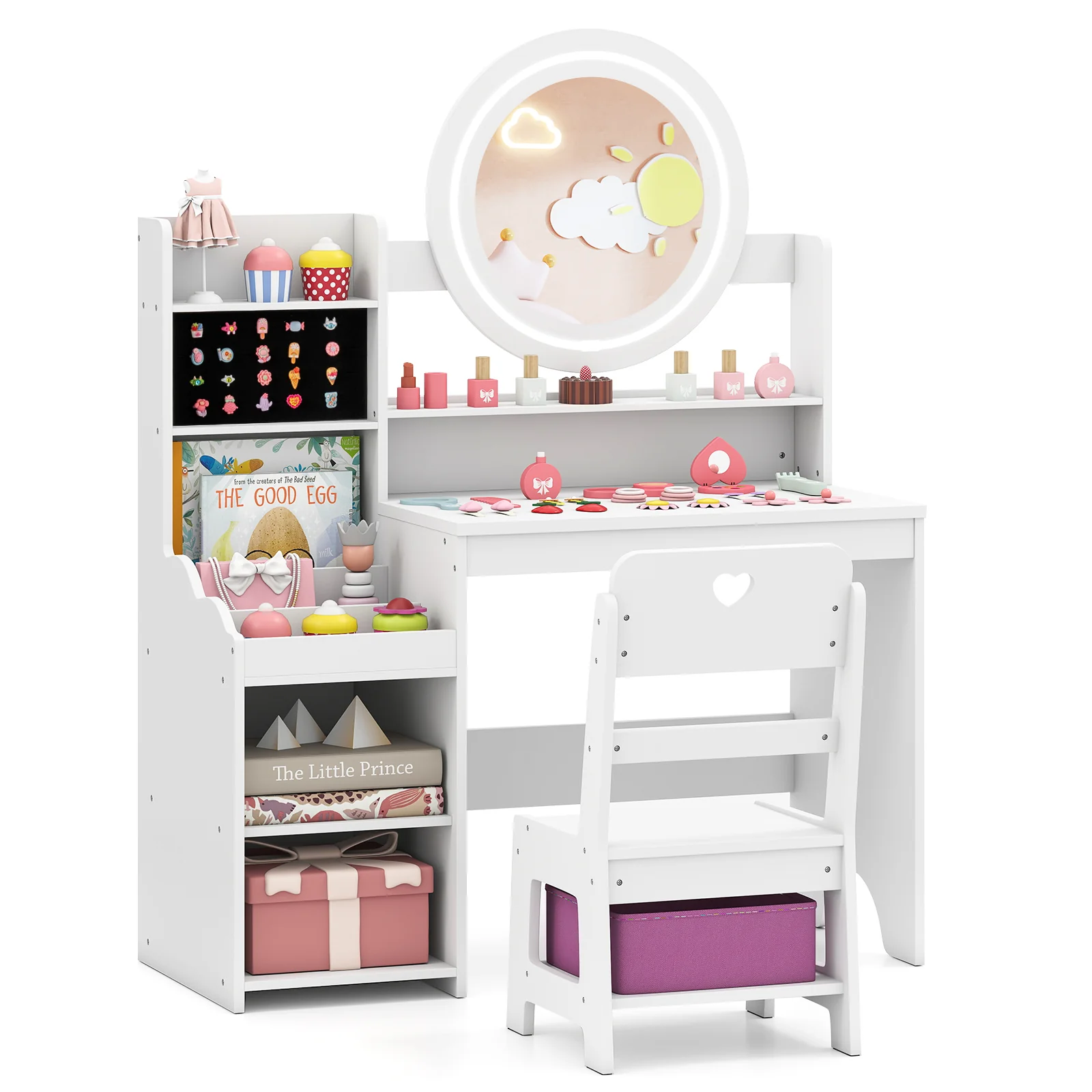 Kids Vanity Desk with Mirror and Lights Princess Pretend Play Dressing Table and Chair Set, White